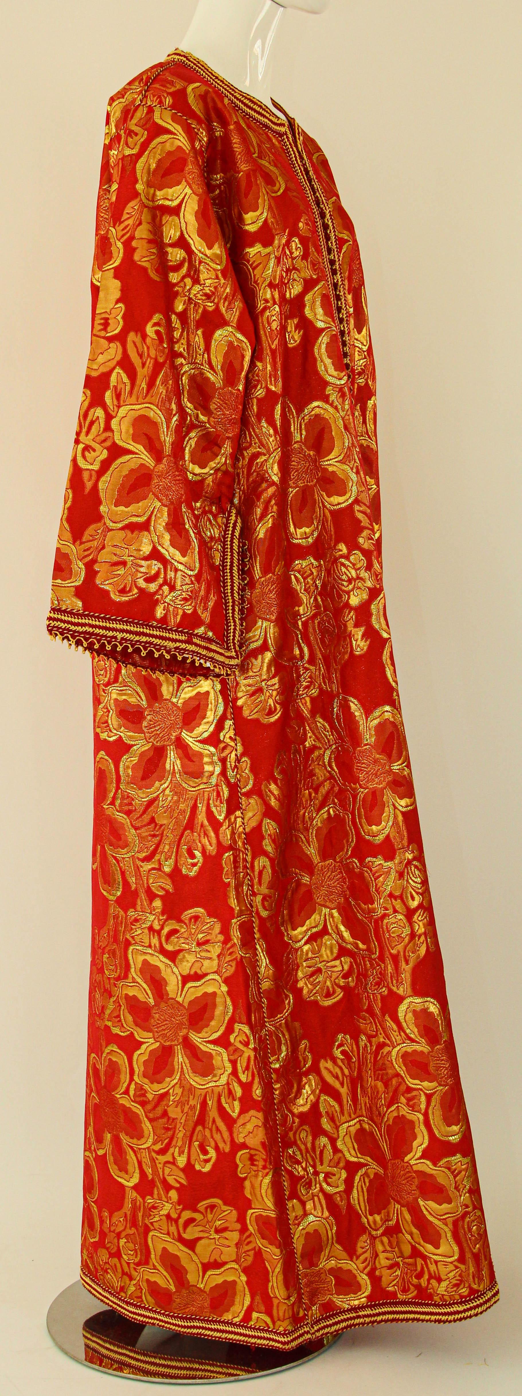 1970s Vintage Moroccan Kaftan Red and Gold Brocade Caftan Maxi Dress For Sale 8