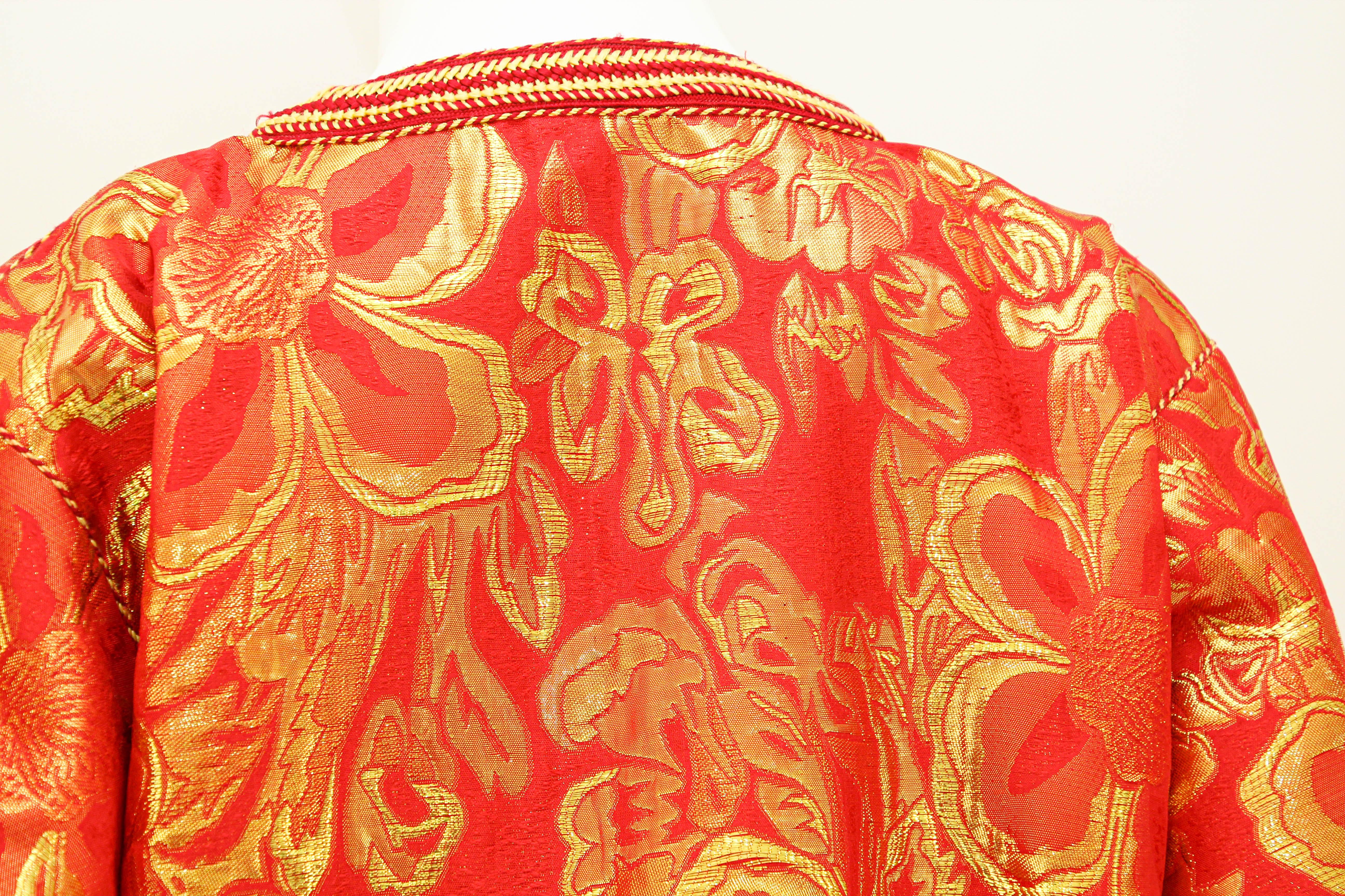 1970s Vintage Moroccan Kaftan Red and Gold Brocade Caftan Maxi Dress For Sale 12