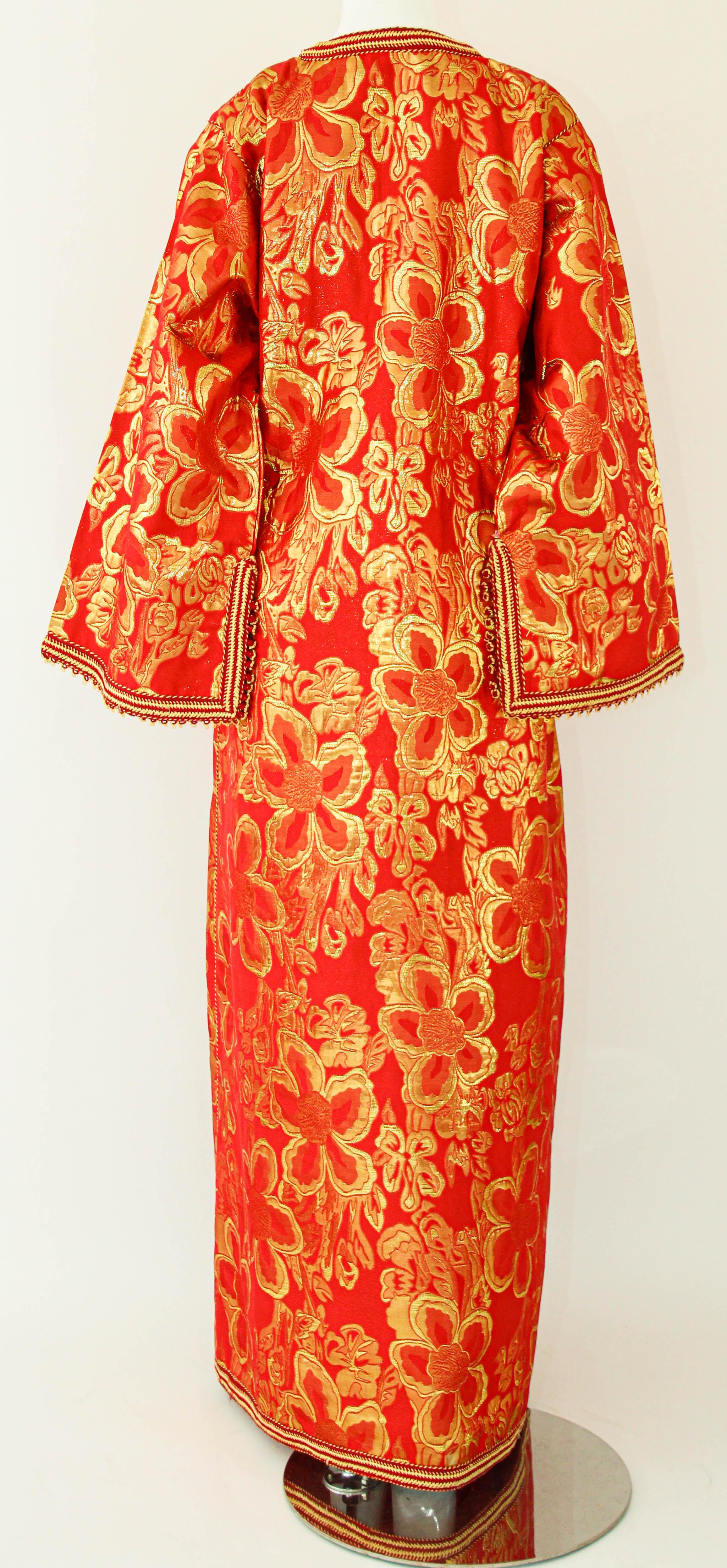 1970s Vintage Moroccan Kaftan Red and Gold Brocade Caftan Maxi Dress For Sale 13