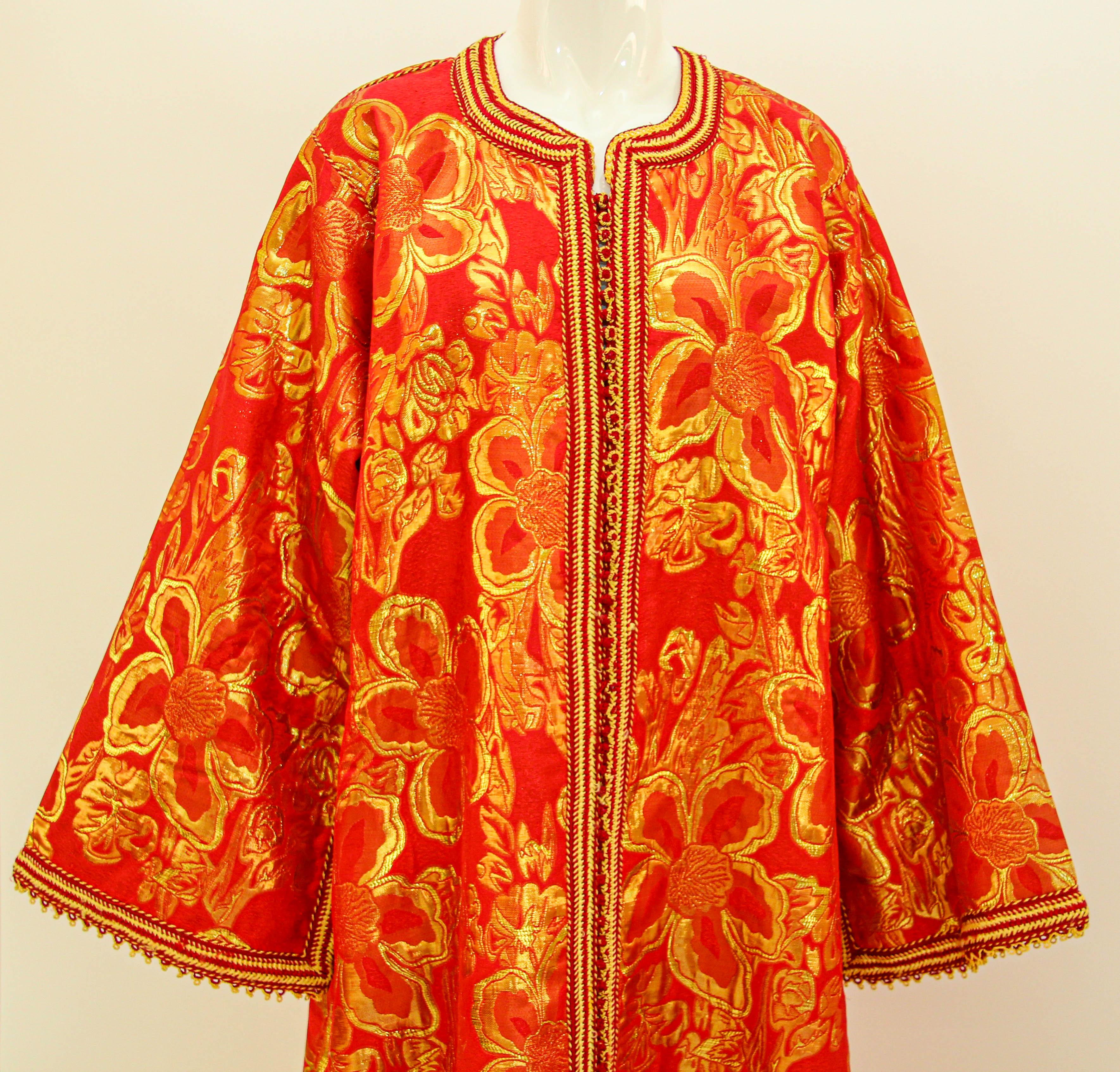 Women's 1970s Vintage Moroccan Kaftan Red and Gold Brocade Caftan Maxi Dress For Sale