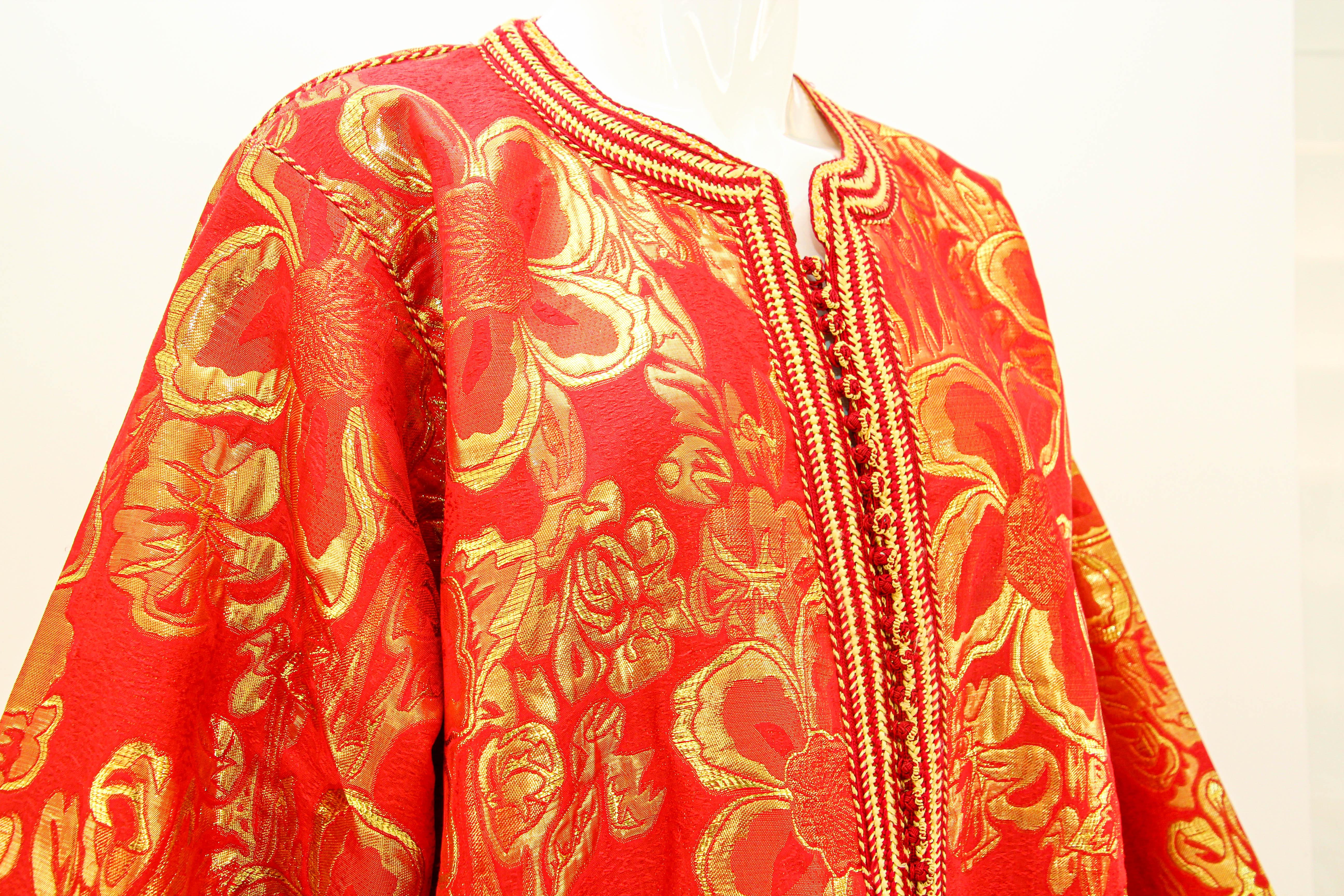 1970s Vintage Moroccan Kaftan Red and Gold Brocade Caftan Maxi Dress For Sale 1