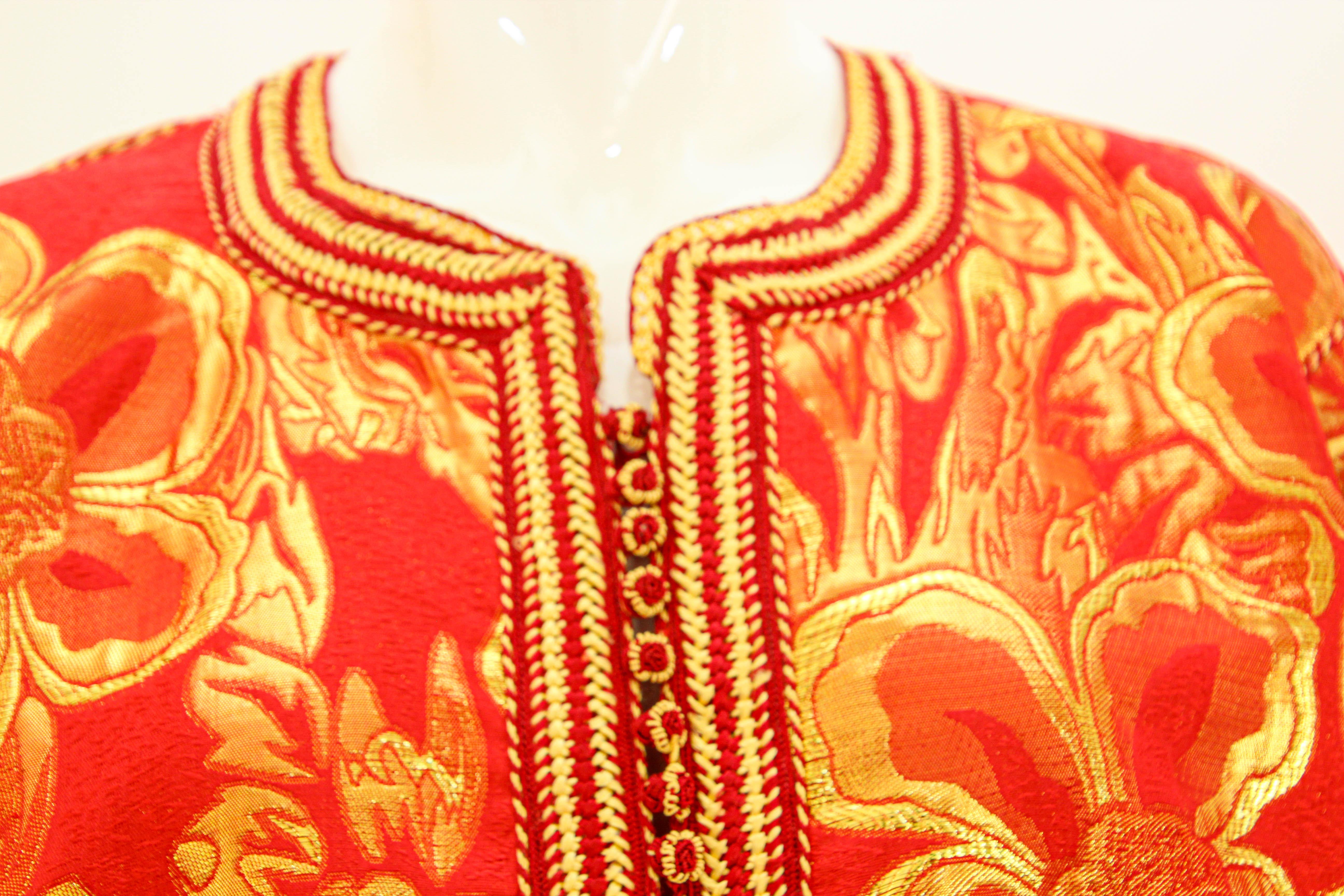 1970s Vintage Moroccan Kaftan Red and Gold Brocade Caftan Maxi Dress For Sale 2
