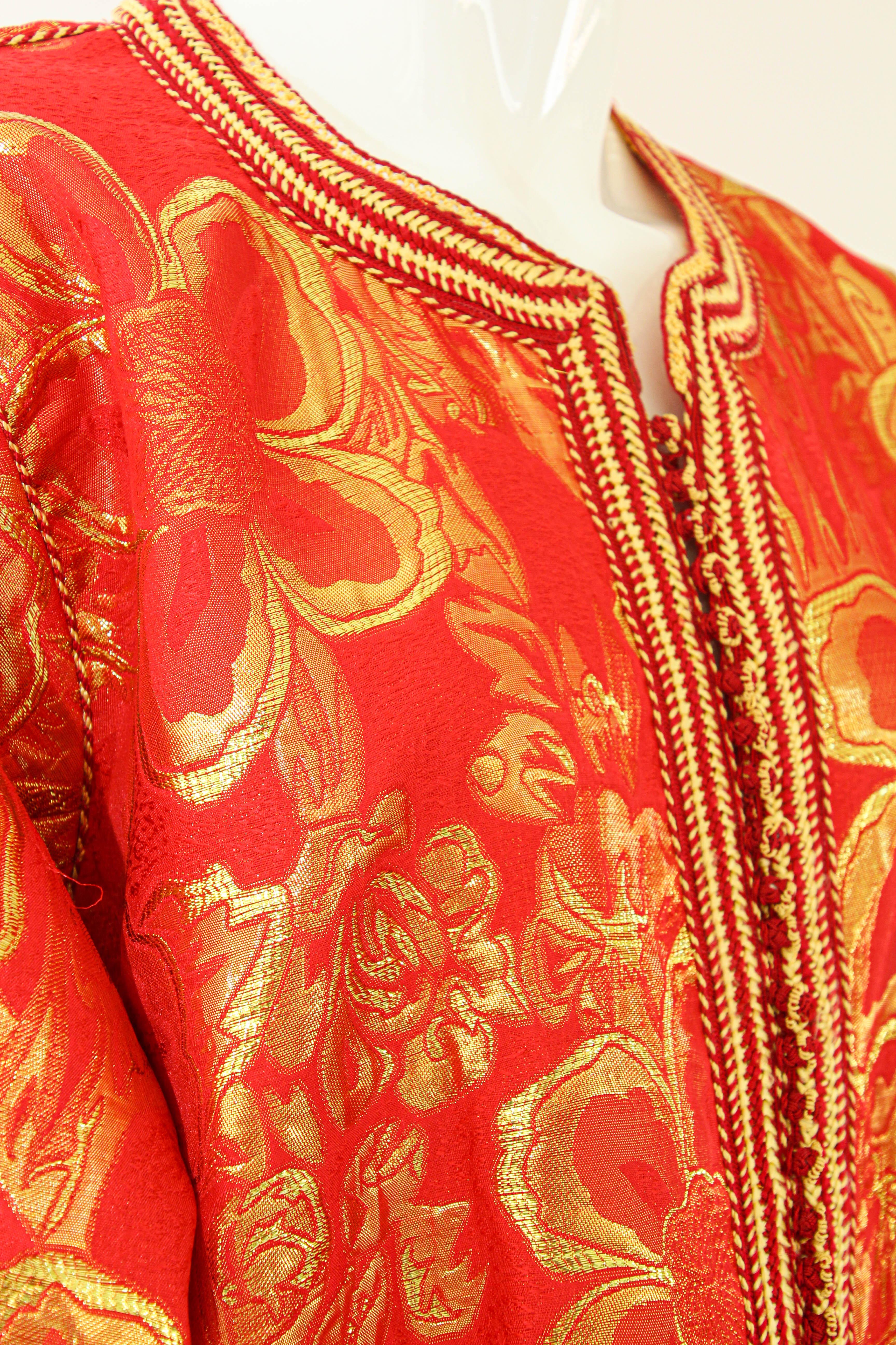 1970s Vintage Moroccan Kaftan Red and Gold Brocade Caftan Maxi Dress For Sale 5