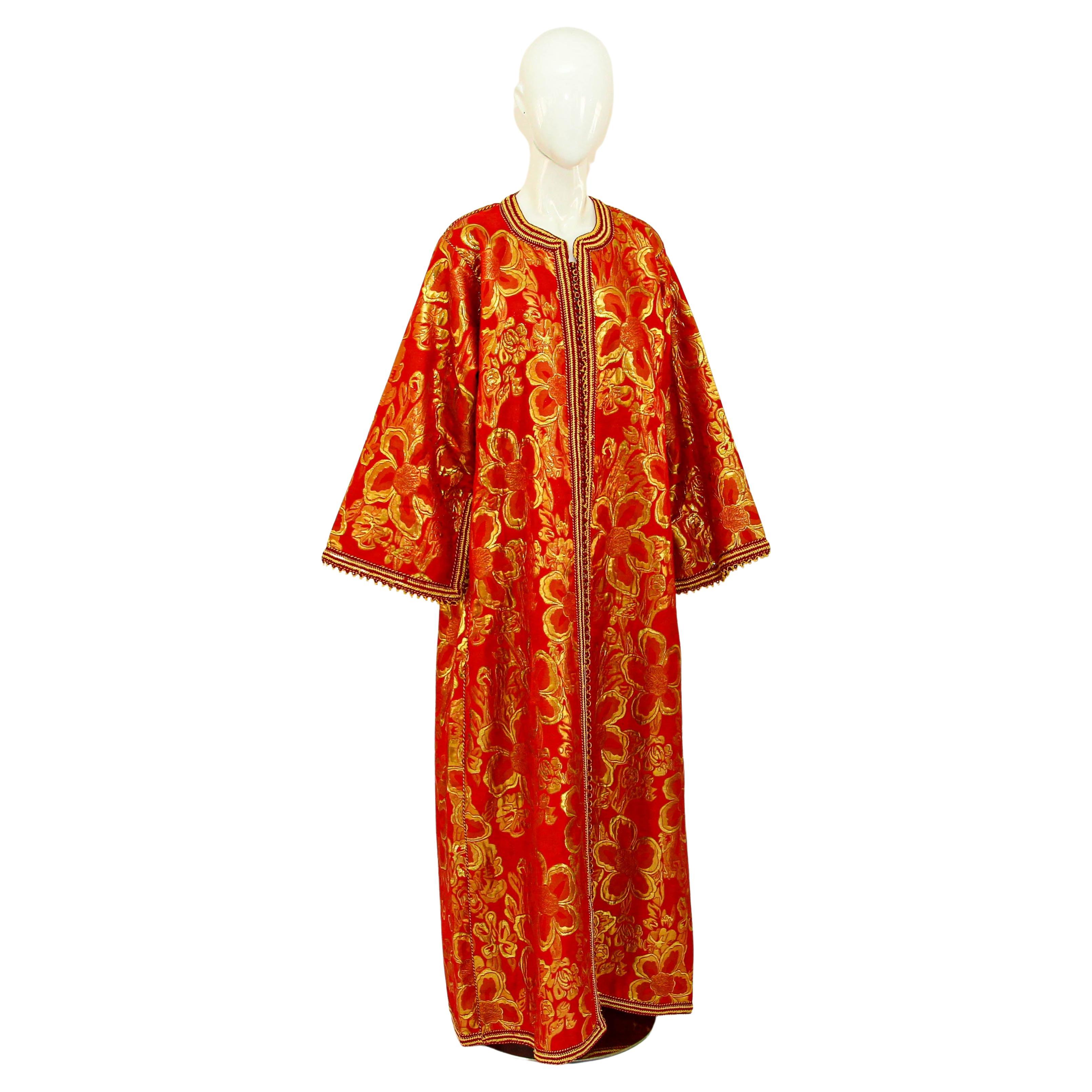 1970s Vintage Moroccan Kaftan Red and Gold Brocade Caftan Maxi Dress For Sale