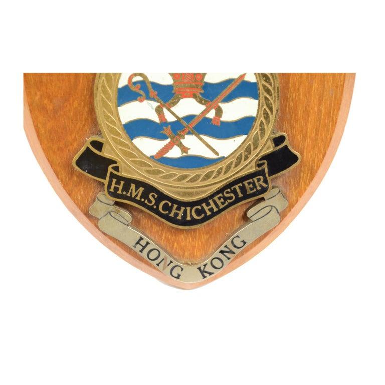 Emblem dedicated to the ship MHS Chichester, wooden and enameled metal, 1970s. The emblem has the inscription 
