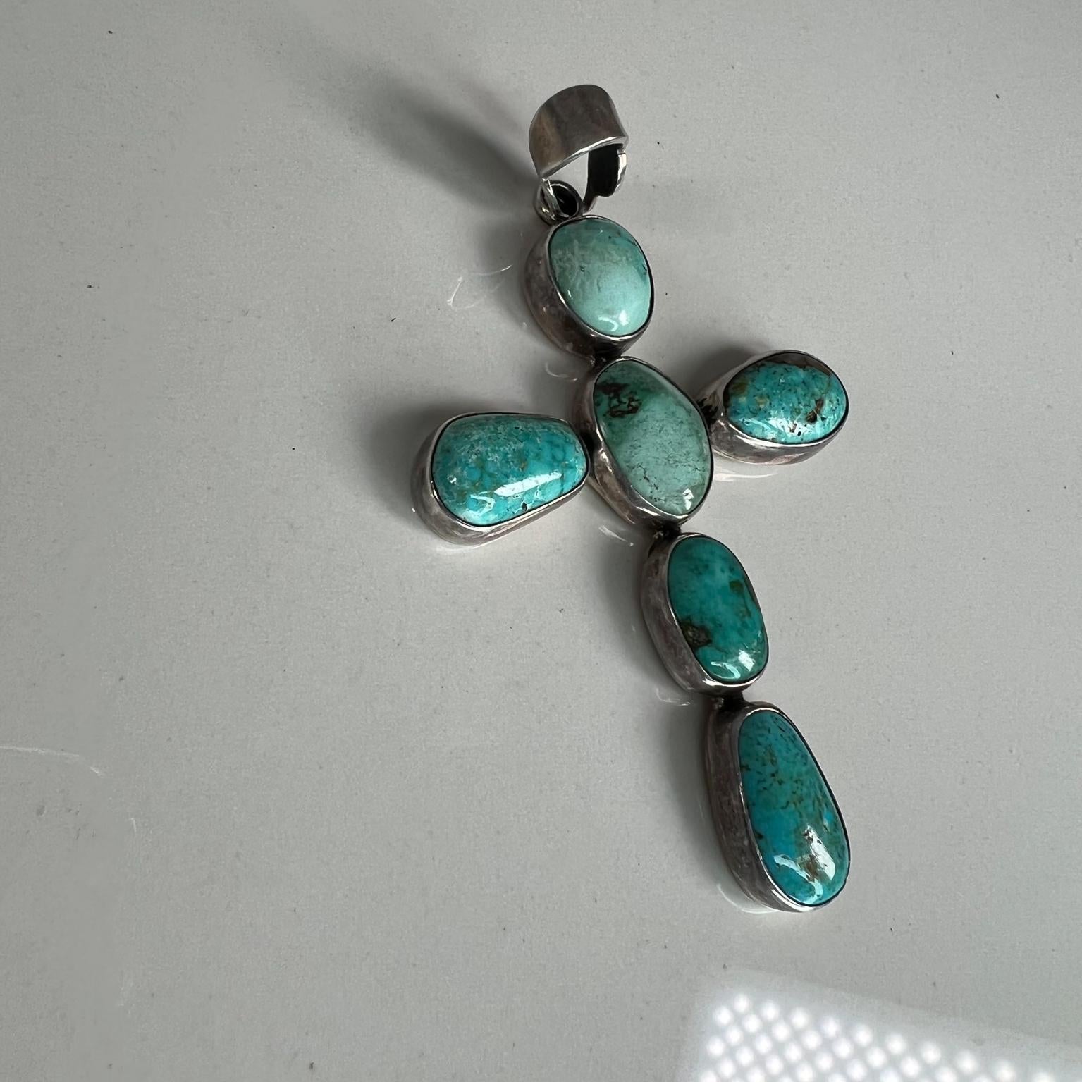 Mid-Century Modern 1970s Vintage Navajo Southwestern Sterling Silver Turquoise Cross Pendant