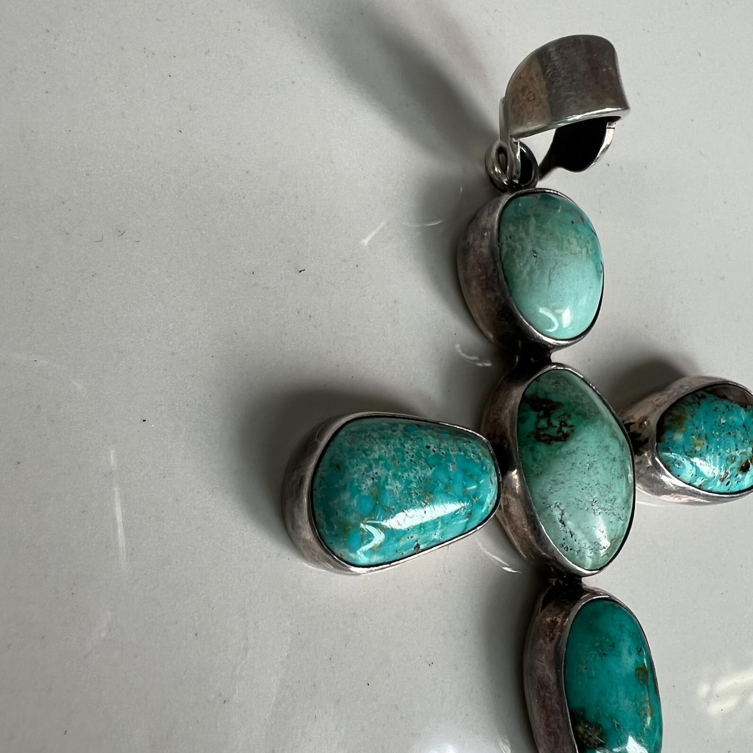 Late 20th Century 1970s Vintage Navajo Southwestern Sterling Silver Turquoise Cross Pendant