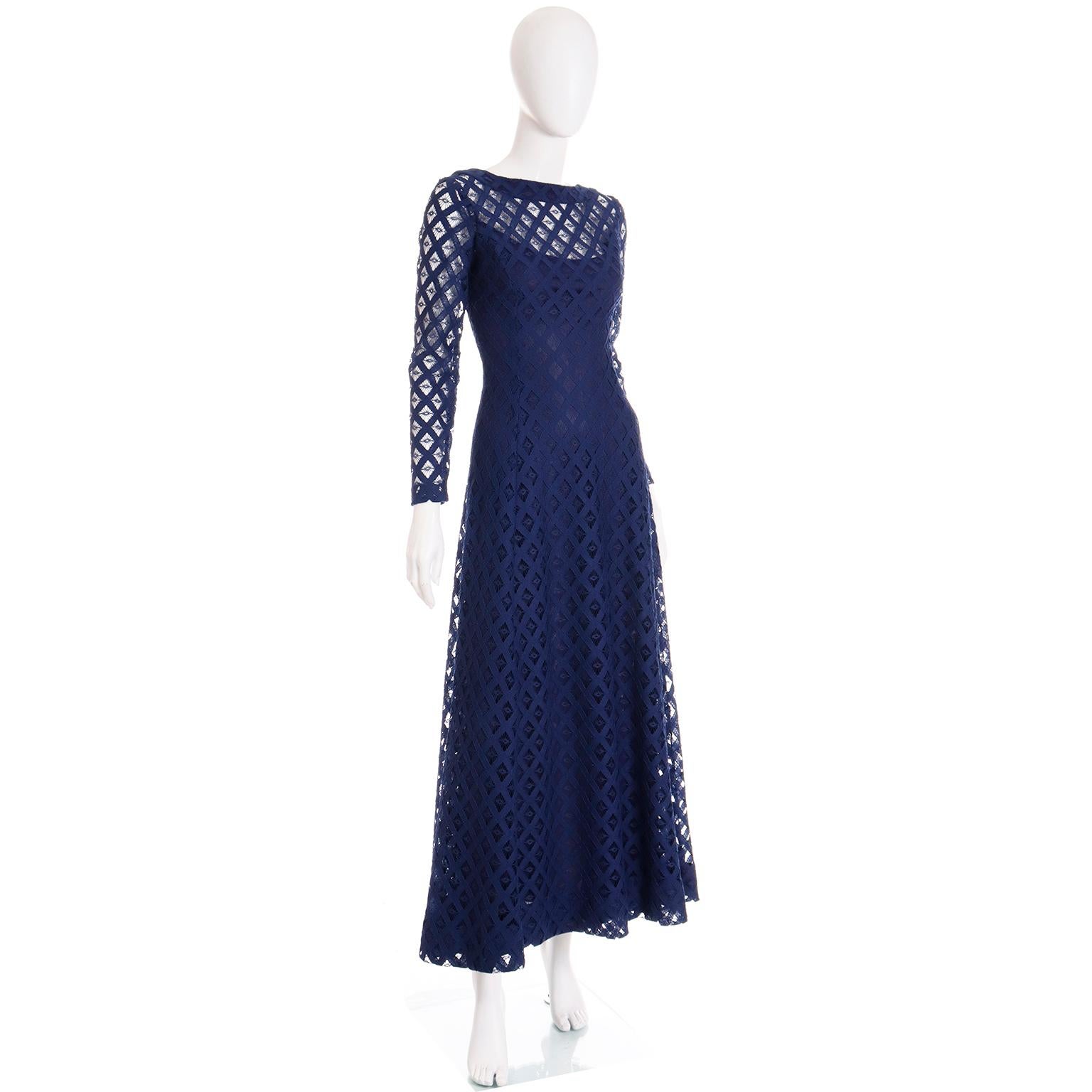1970s Vintage Navy Blue Cutwork Maxi Dress with Blue lining In Excellent Condition In Portland, OR
