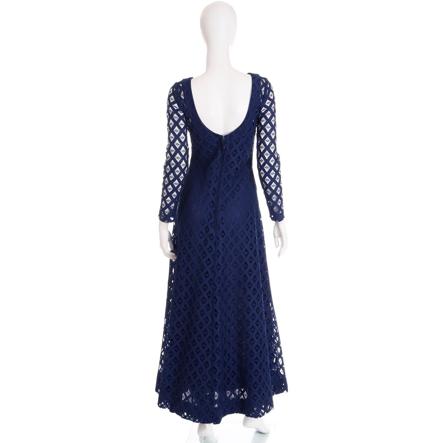 Women's 1970s Vintage Navy Blue Cutwork Maxi Dress with Blue lining