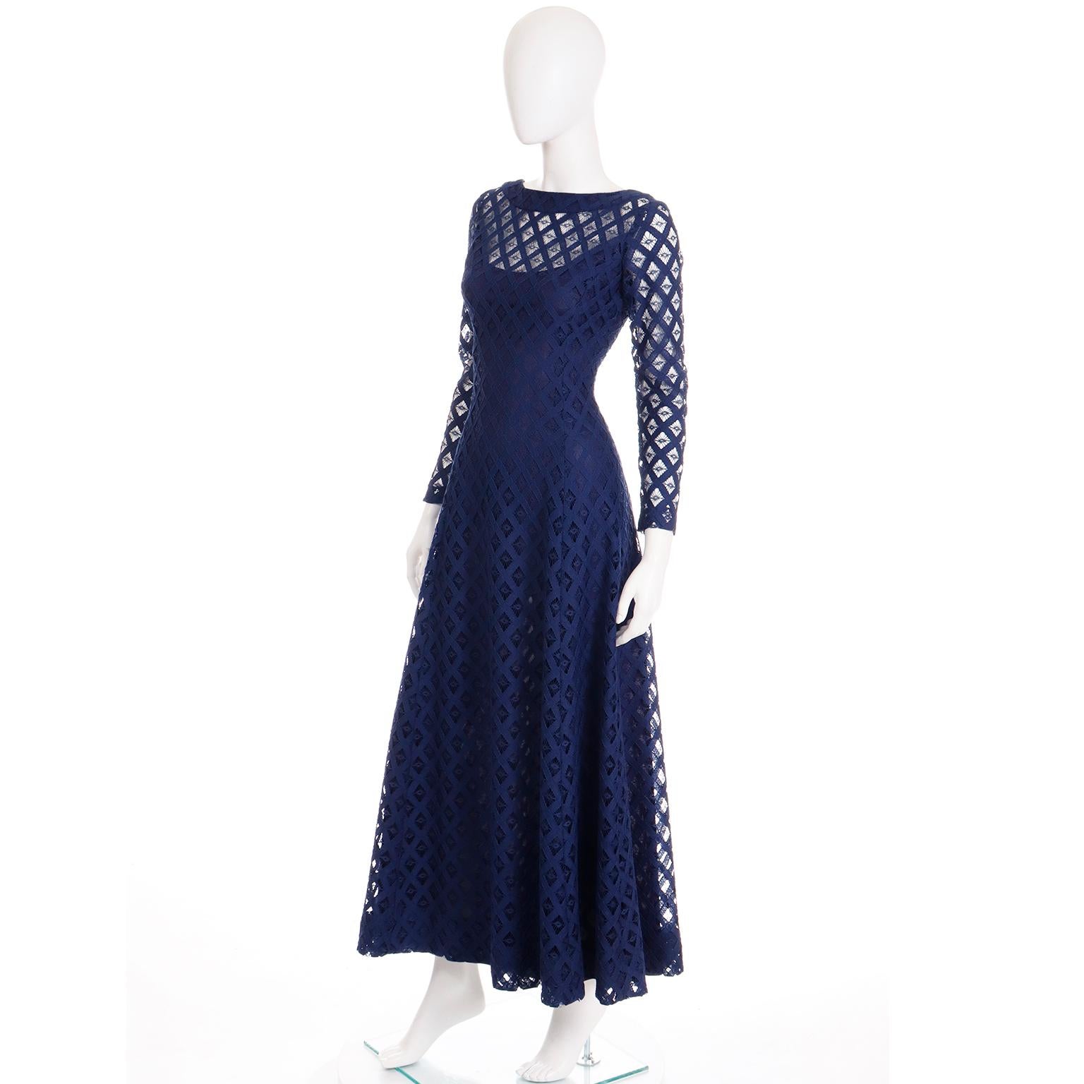 1970s Vintage Navy Blue Cutwork Maxi Dress with Blue lining 1