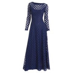 1970s Vintage Navy Blue Cutwork Maxi Dress with Blue lining