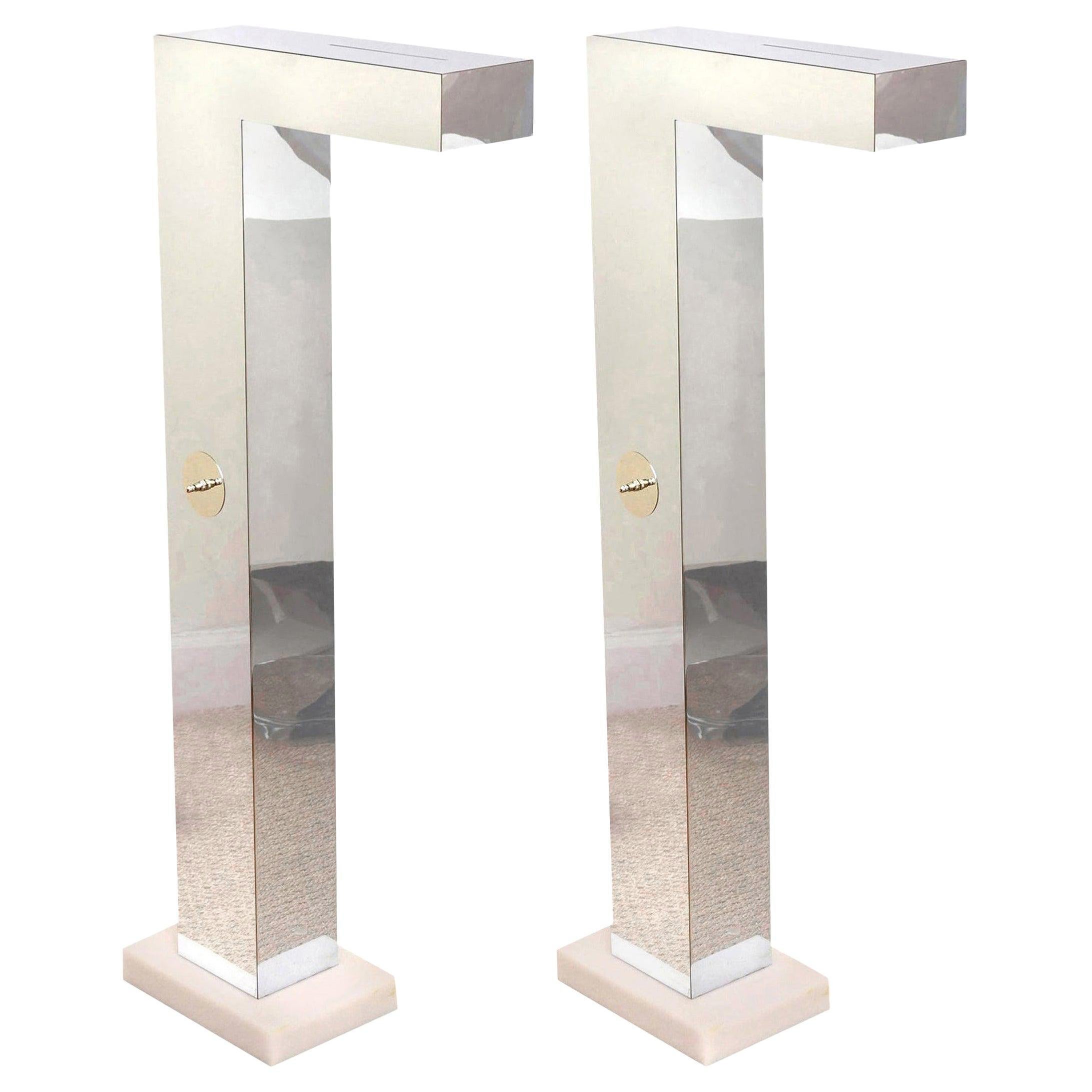 1970's Vintage Neal Small Floor Lamps In Chrome With White Resin Base Pair Of