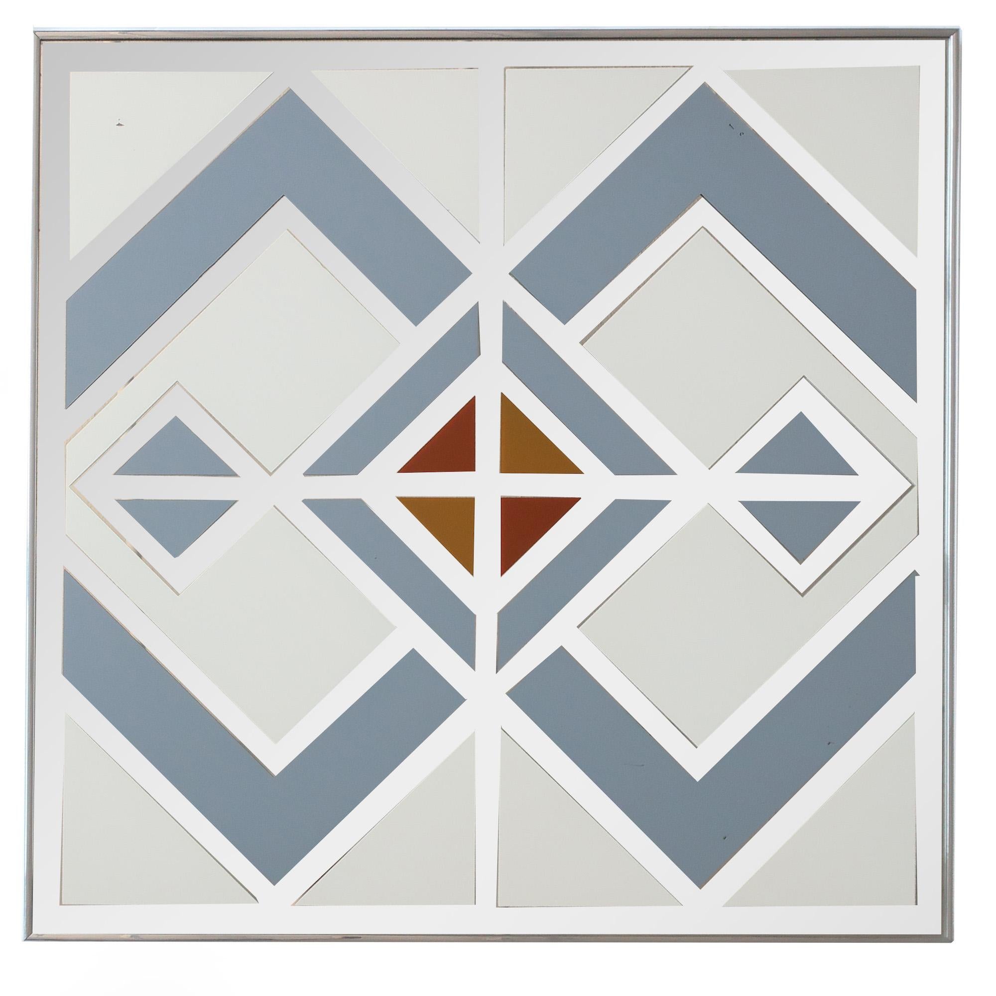 In the style of Jim Rosloff ’s work for Academy Arts and Turner Wall Accessories, this monumental Mid-Century Modern mirror has a hand silk-screened white, grey, brown, and orange geometric design painted on the mirror. In a brushed aluminum frame,