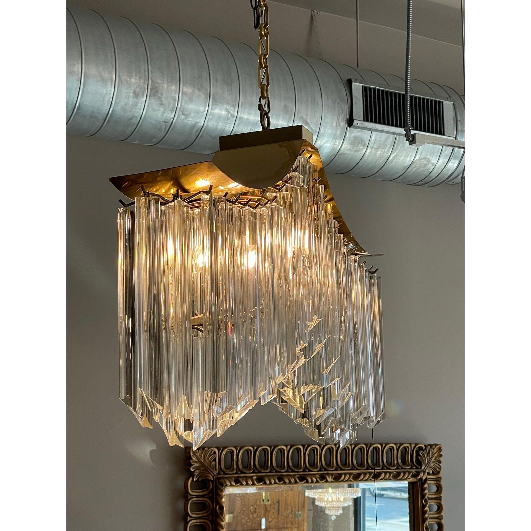 1970s Vintage Pagoda Glass and Brass Chandelier In Good Condition For Sale In Chicago, IL