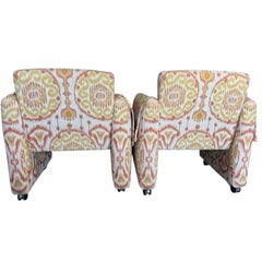 1970s Vintage Pair of Upholstered Ikat Club Armchairs