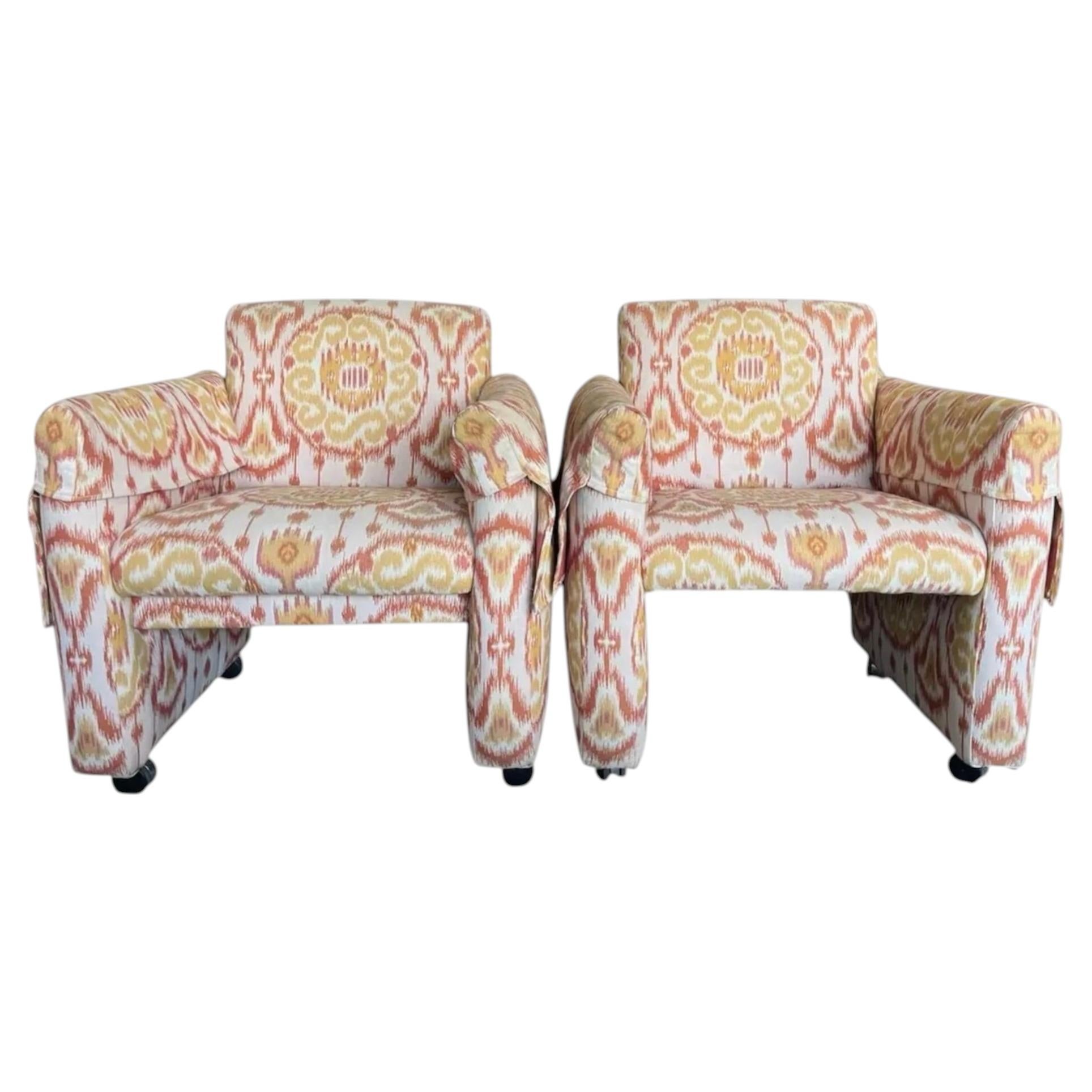 1970s Vintage Pair of Upholstered Ikat Club Armchairs