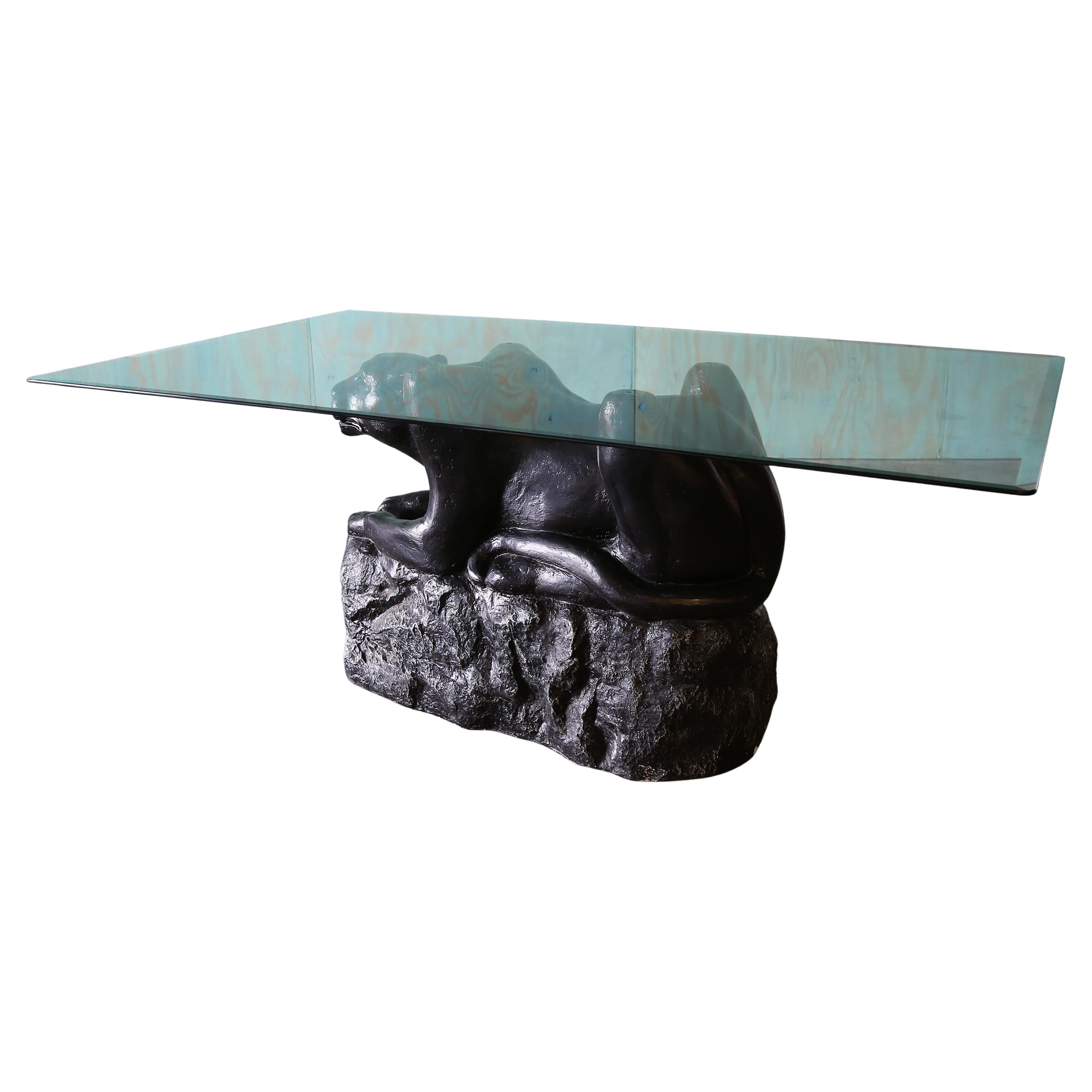 1970s Vintage Panther Glass Dining Table / Desk plaster Hollywood Regency For Sale