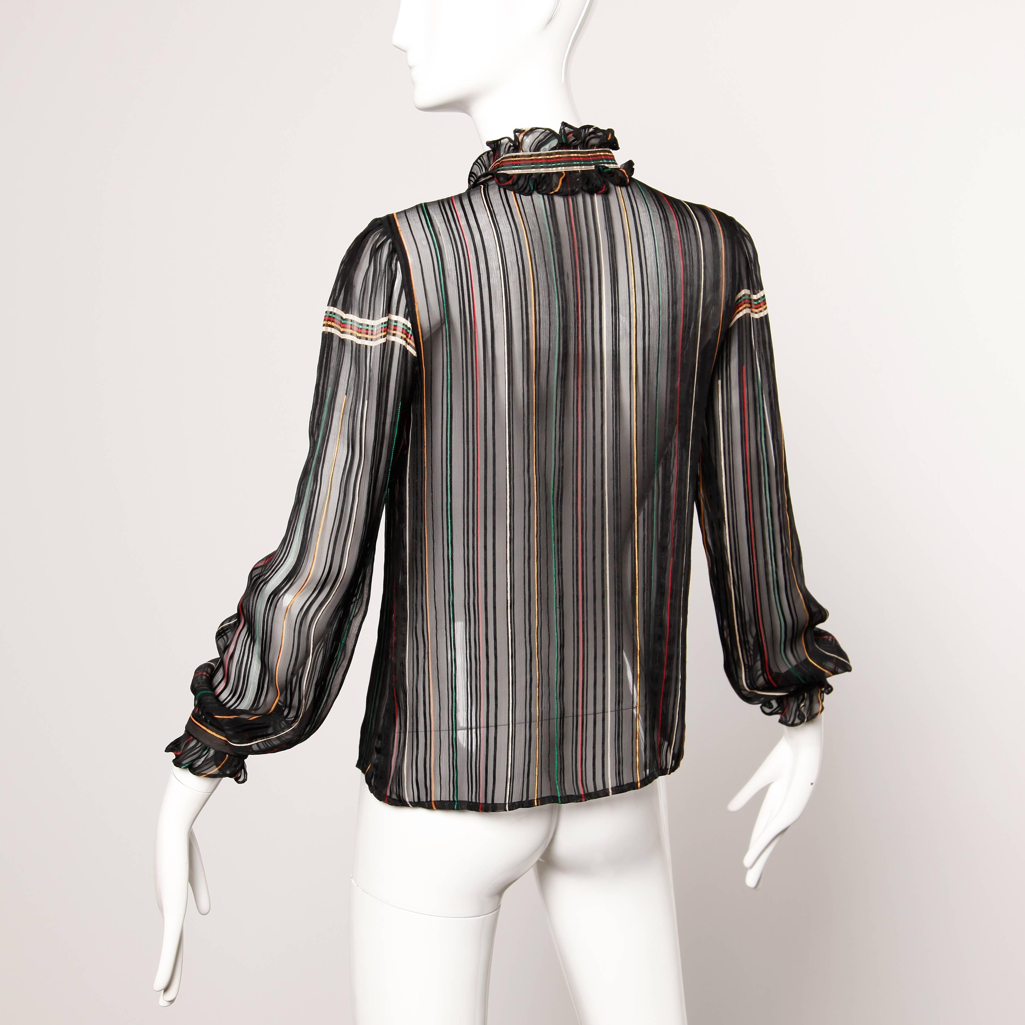 Black 1970s Vintage Paper Thin Sheer Striped Silk Chiffon Button Up Blouse Top For Sale