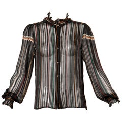 1970s Vintage Paper Thin Sheer Striped Silk Chiffon Button Up Blouse Top