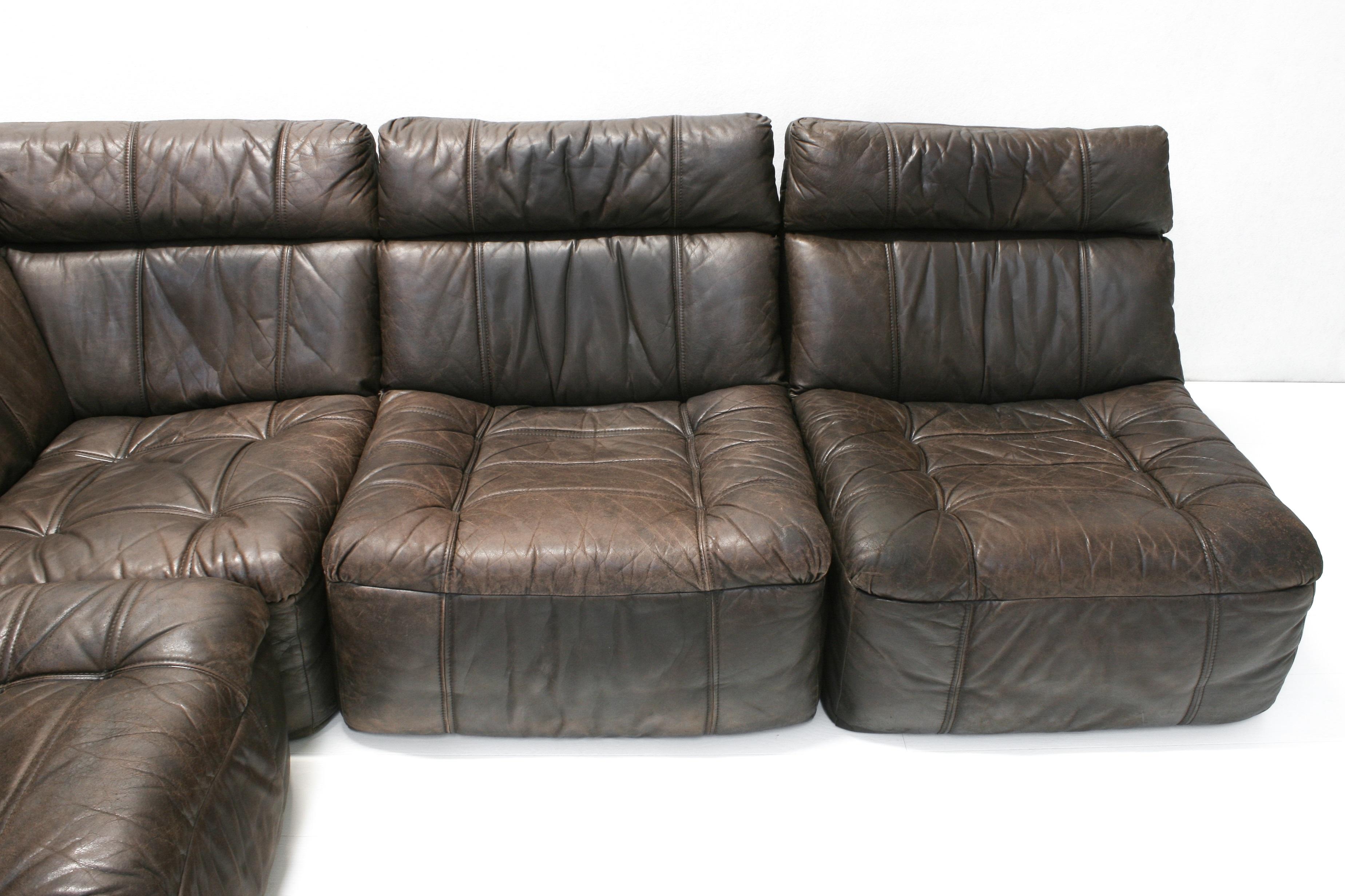 1970s Vintage Patinated Leather Modular Sofa from Rolf Benz 2