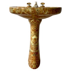 1970s Vintage Pedestal Sink in Porcelain with Faux Marble Finish