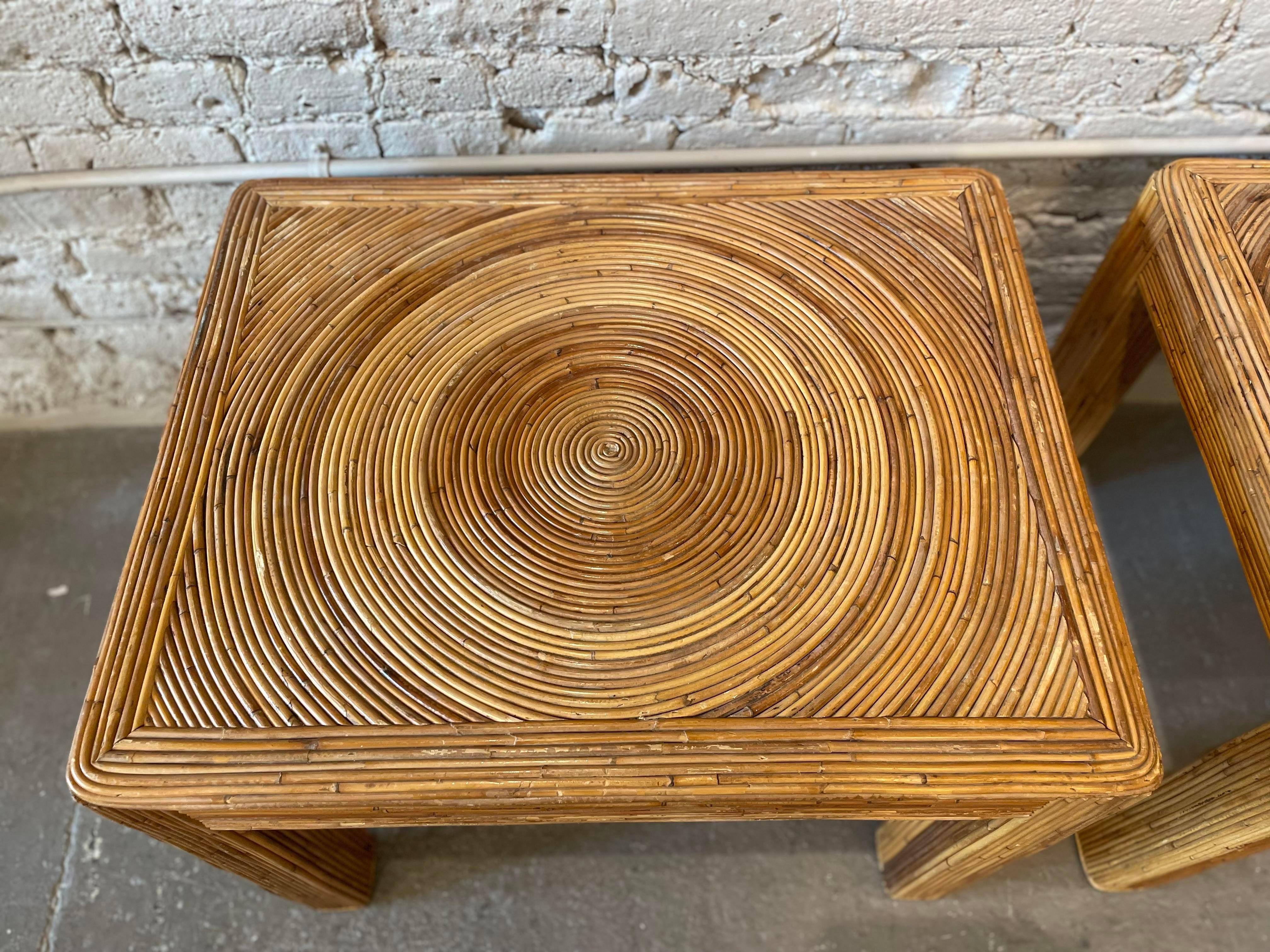 Beautiful earthy side tables in the original finish. Wear consistent with age, not broken or damaged areas.
