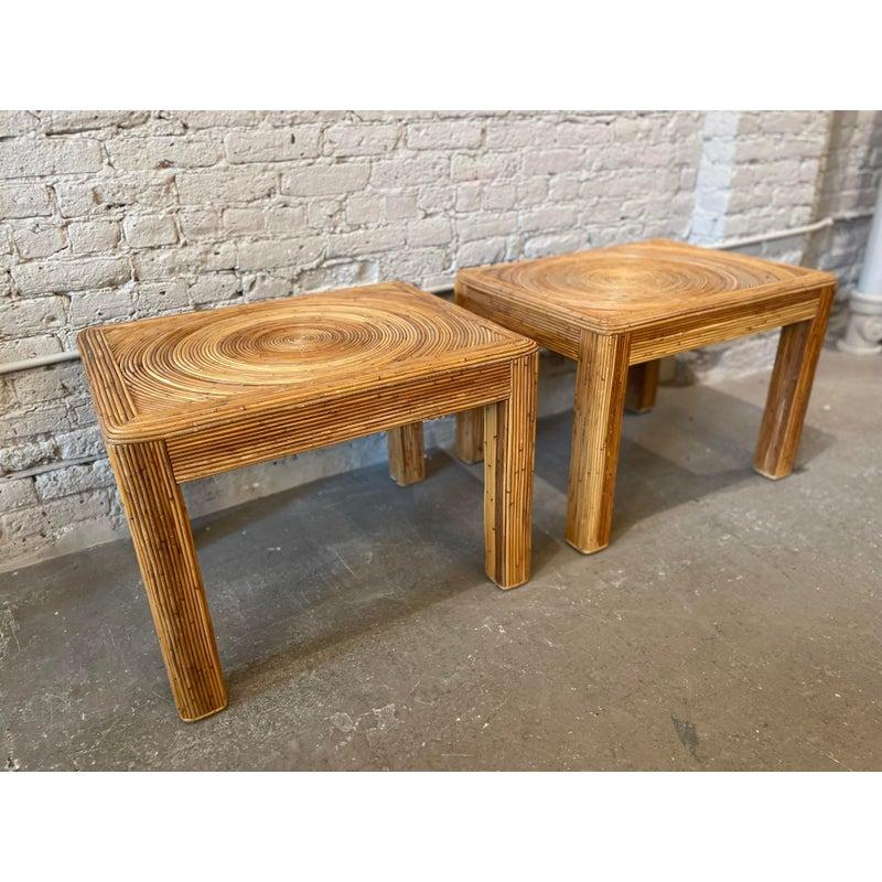 American 1970s Vintage Pencil Reed Rattan Bamboo Side Tables - a Pair For Sale