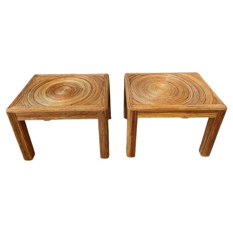 1970s Vintage Pencil Reed Rattan Bamboo Side Tables - a Pair For Sale