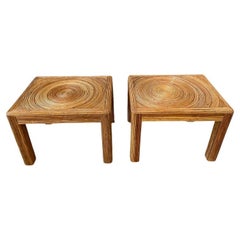 1970s Retro Pencil Reed Rattan Bamboo Side Tables - a Pair