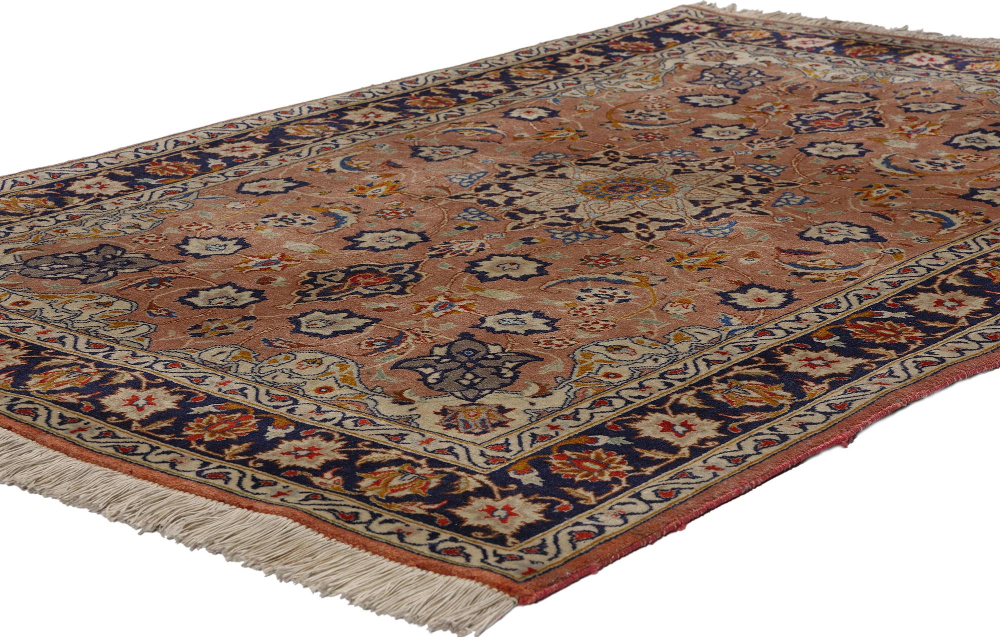 78702 Small Vintage Persian Tabriz Rug, 03'05 x 05'01. Please note this listing is for one piece. There is a matching piece available adds to its rarity. Persian Tabriz rugs, originating from the ancient city of Tabriz in northwestern Iran, embody