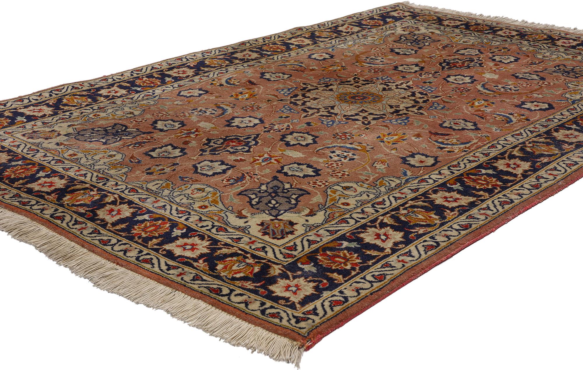 78703 Small Vintage Persian Tabriz Rug, 03'05 x 05'01. Please note this listing is for one piece. There is a matching piece available adds to its rarity. Originating from the historic city of Tabriz in northwestern Iran, Persian Tabriz rugs