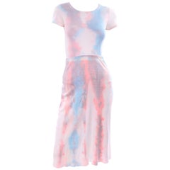 1970s Retro Phyllis Sues Pink & Blue Cotton Tye Dye 2 Pc Dress w/ Skirt & Top