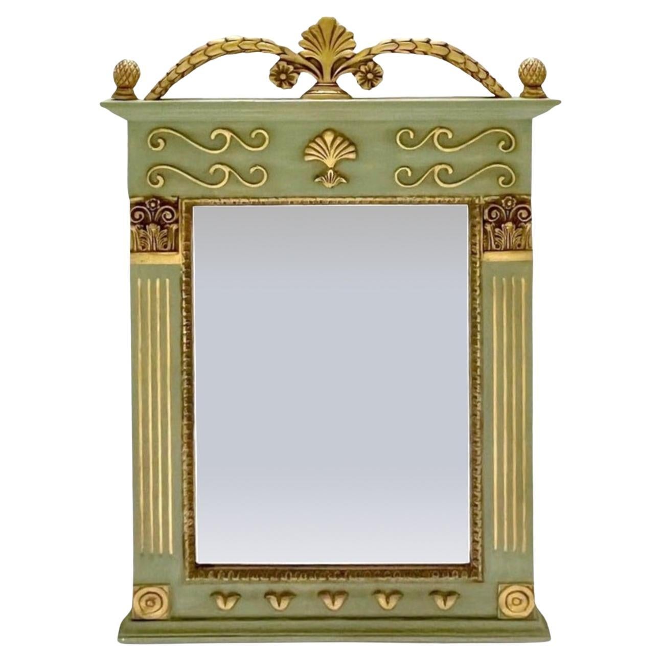 1970s Vintage Provincial French Parcel-Gilt Trumeau Mirror in Green & Gold Deco
