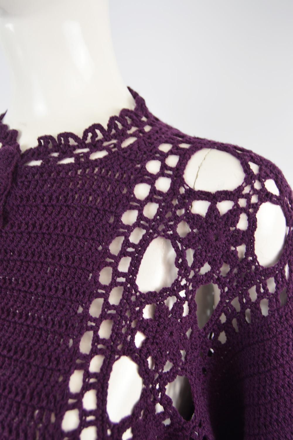 Black 1970s Vintage Purple Hand Crochet Kimono Sleeve Maxi Dress