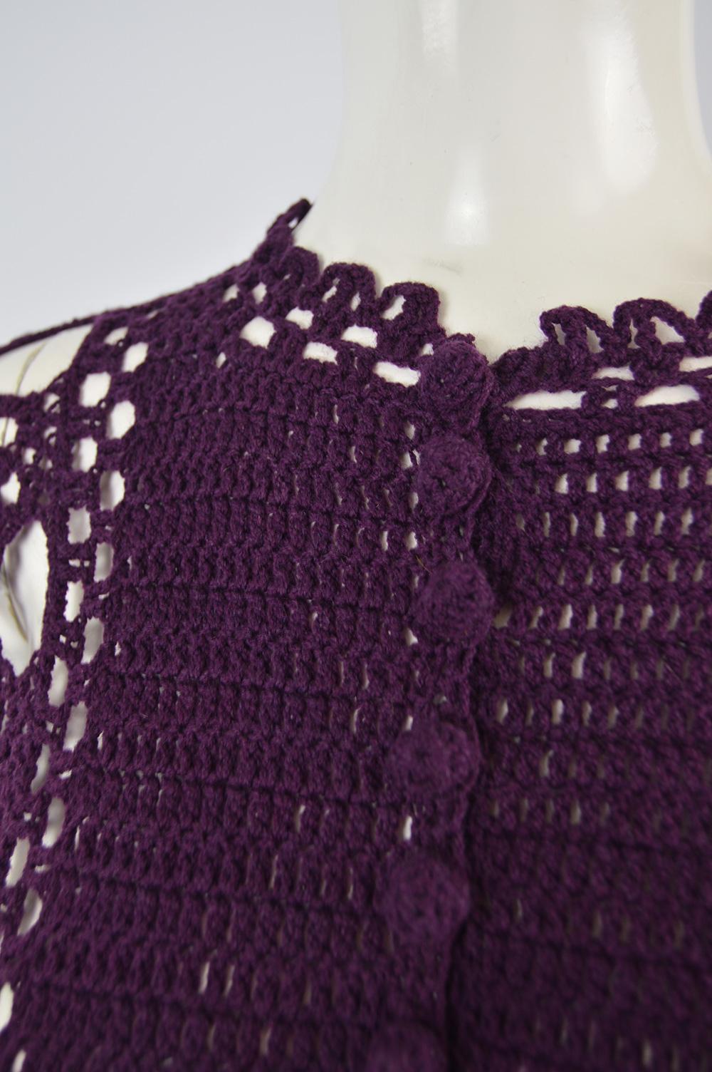 Women's 1970s Vintage Purple Hand Crochet Kimono Sleeve Maxi Dress