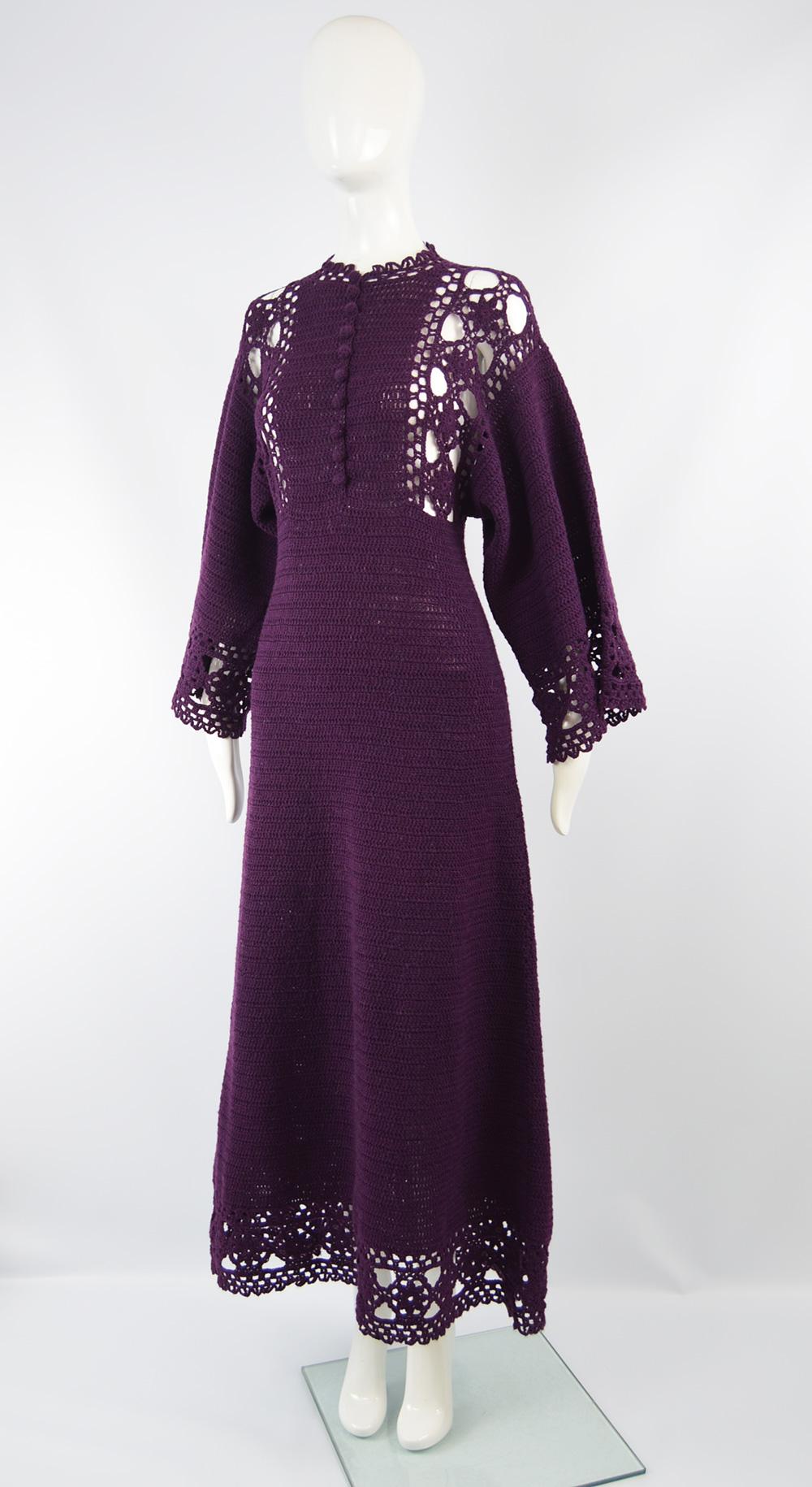 1970s Vintage Purple Hand Crochet Kimono Sleeve Maxi Dress 1