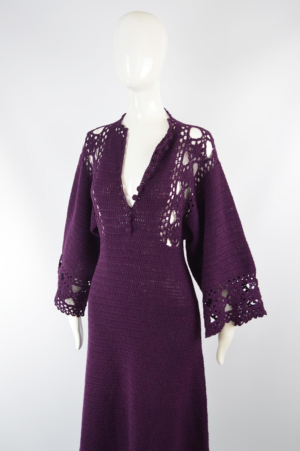 1970s Vintage Purple Hand Crochet Kimono Sleeve Maxi Dress 2
