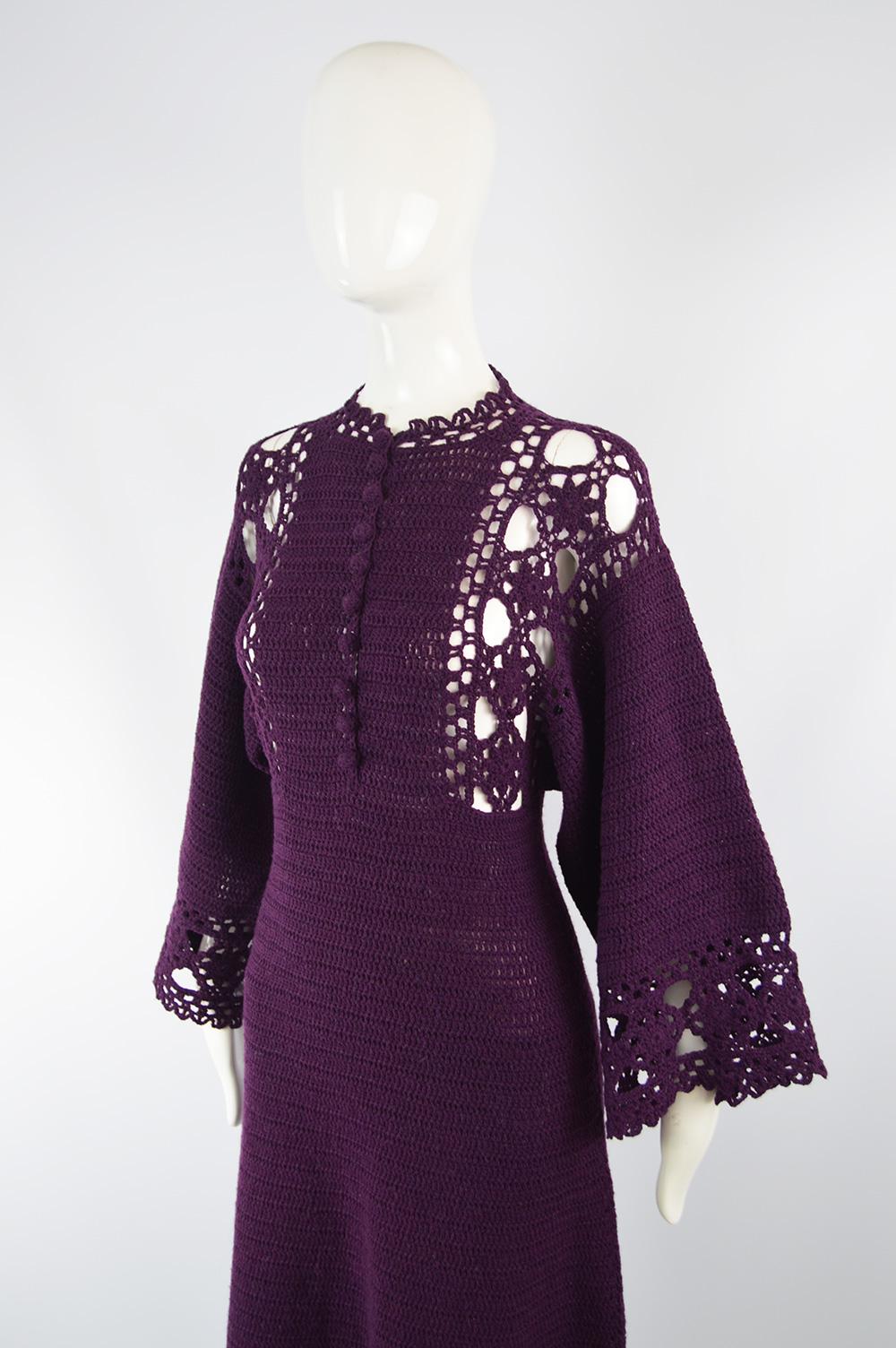 1970s Vintage Purple Hand Crochet Kimono Sleeve Maxi Dress 3