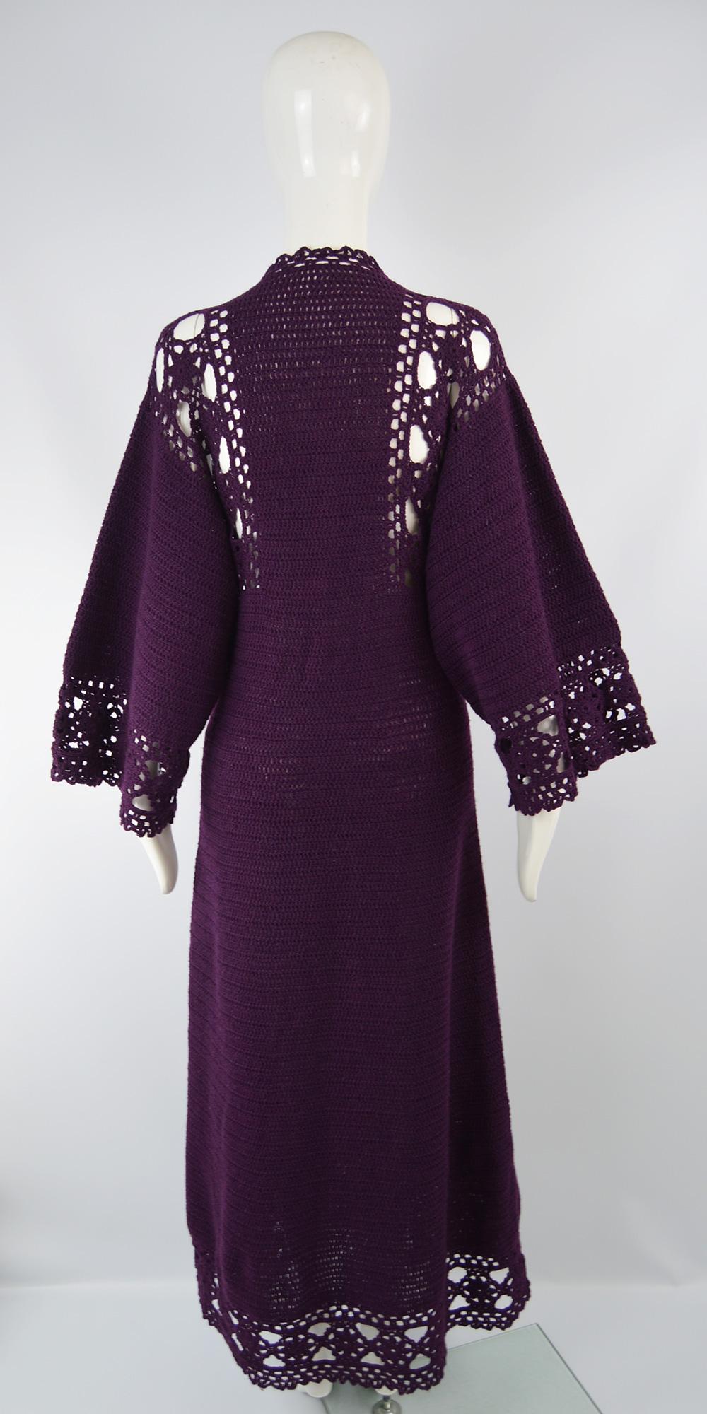 1970s Vintage Purple Hand Crochet Kimono Sleeve Maxi Dress 4