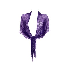1970s Vintage - Purple Silk Crochet Shawl Scarf - Beaded Hem & Floral Details
