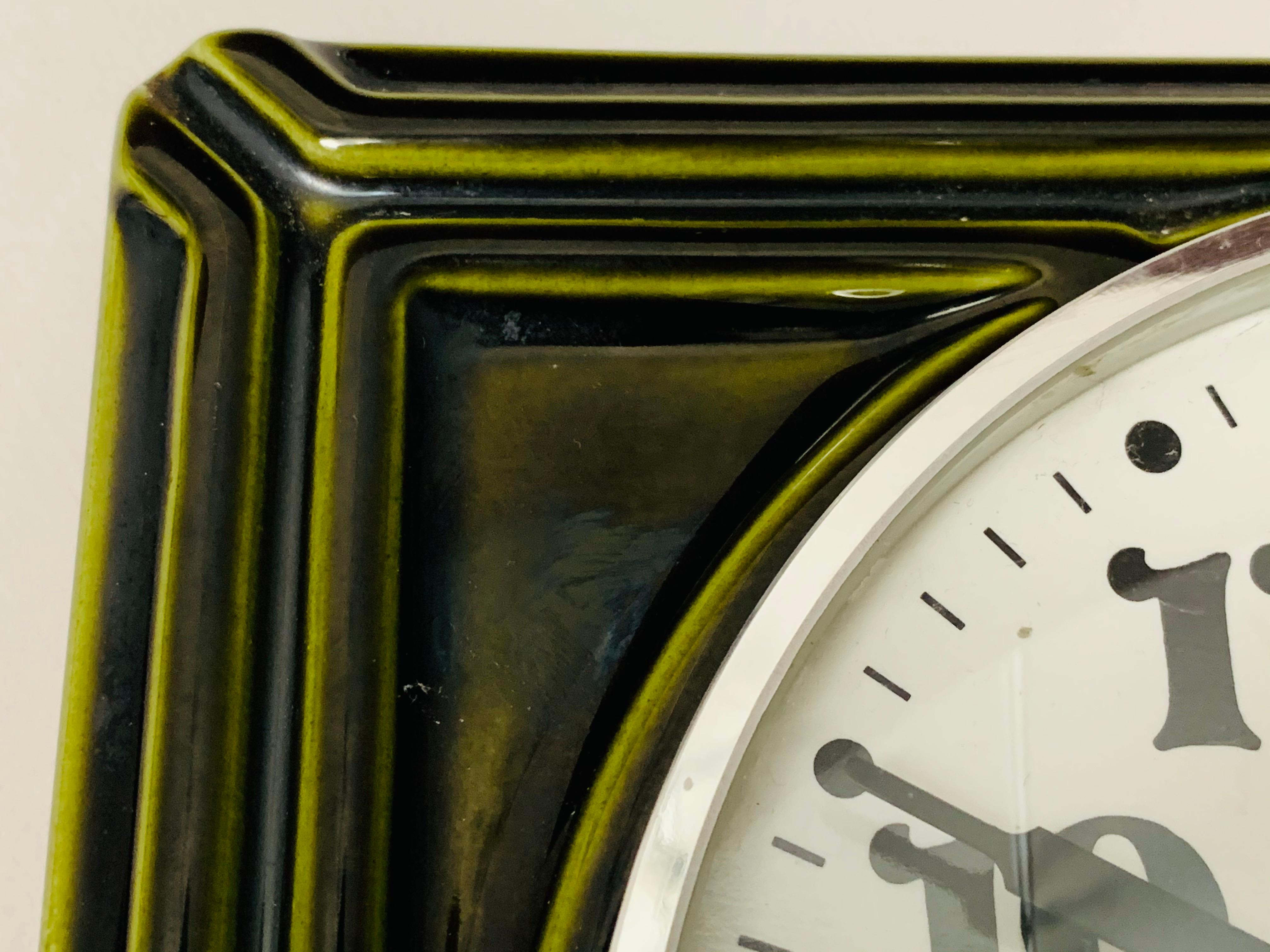 Mid-Century Modern 1970s Vintage Quartz German Rectangular Ceramic Green Wall Clock, Model No 4063