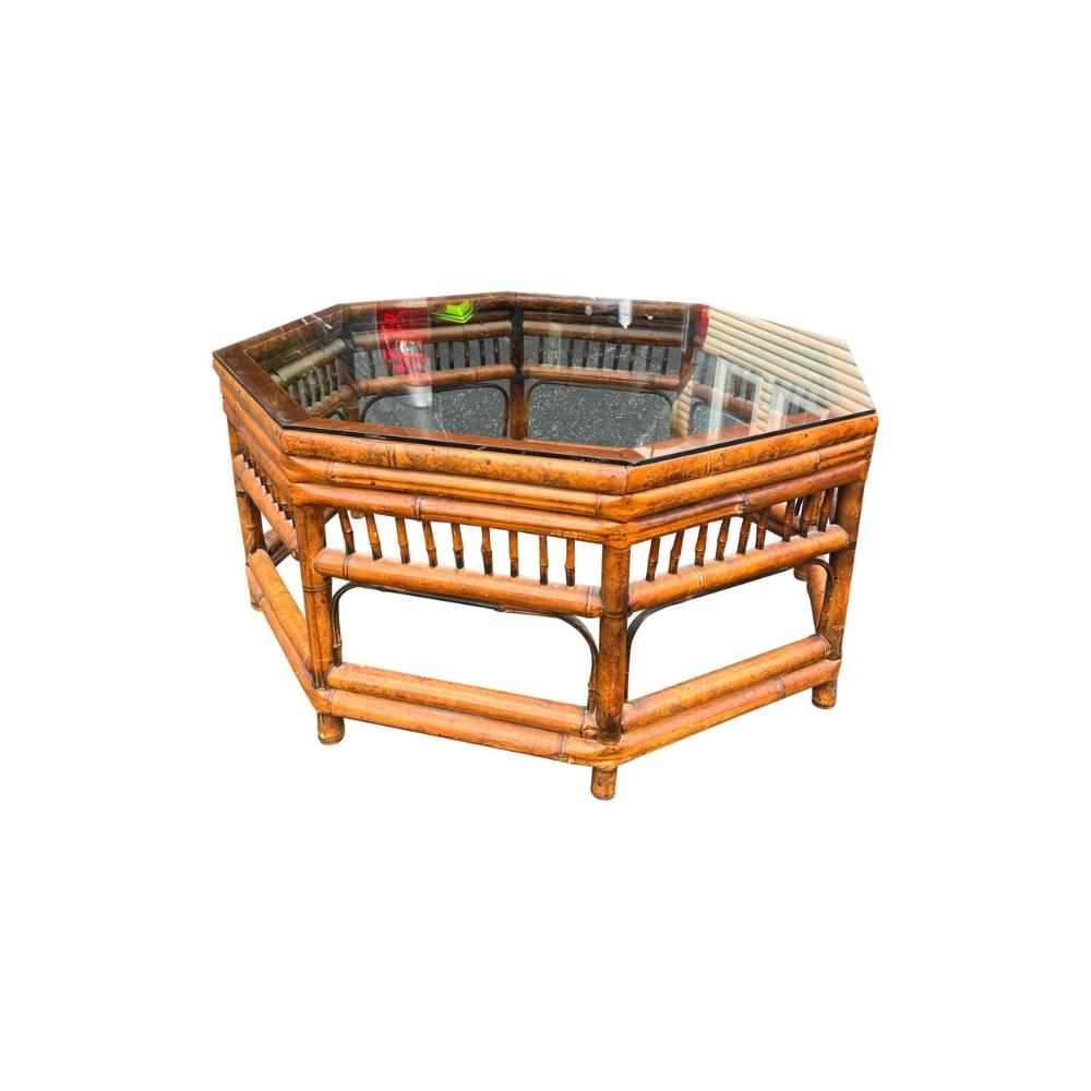 Américain Table basse en rotin de bambou et osier vintage des années 1970, style Brighton Pavilion en vente