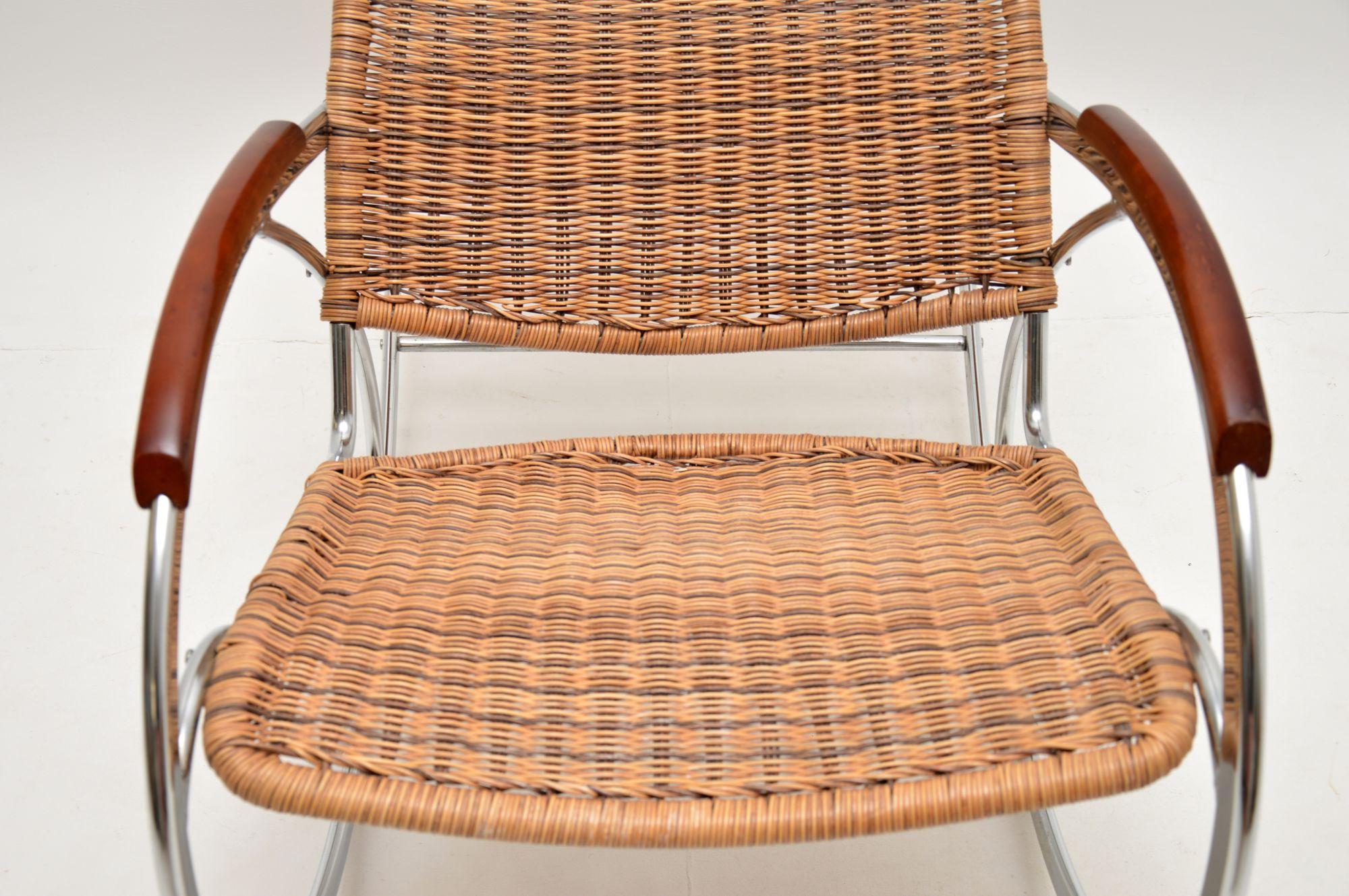 1970's Vintage Rattan & Chrome Rocking Chair For Sale 2