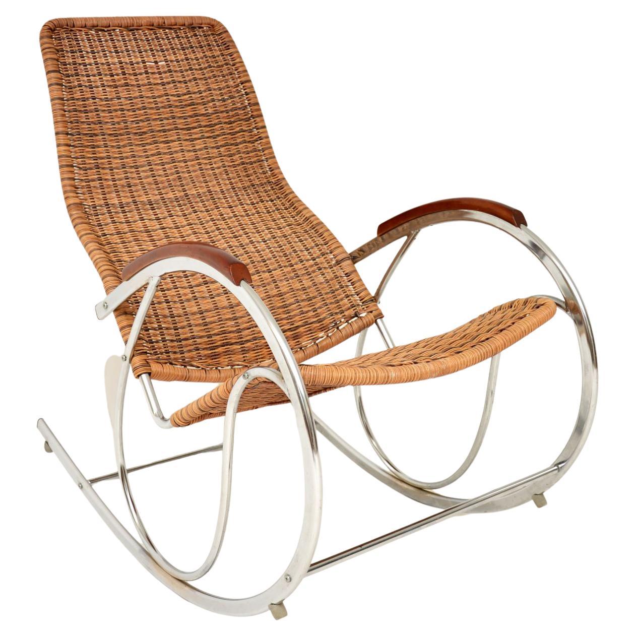 1970's Vintage Rattan & Chrome Rocking Chair