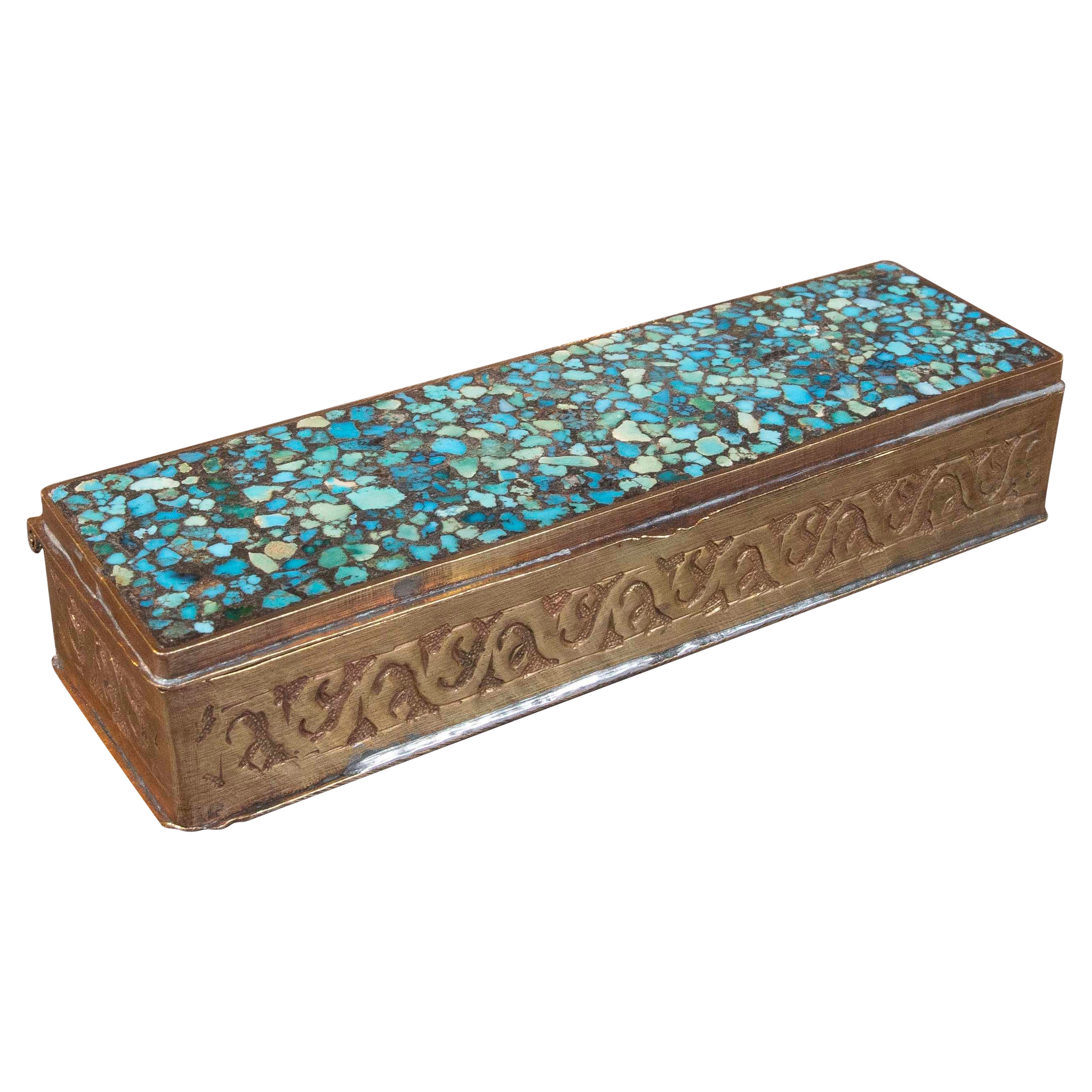1970s Vintage Rectangular Brass Box Decorated with a Turquoise Lid