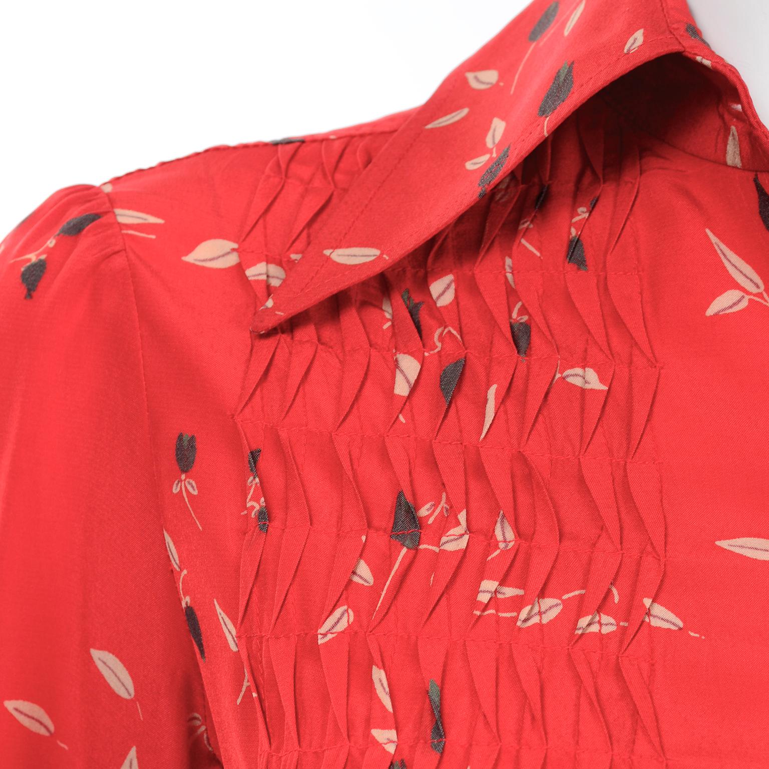 1970s Vintage Red Floral Print Albert Nipon Dress W Belt and Kerchief Scarf 3