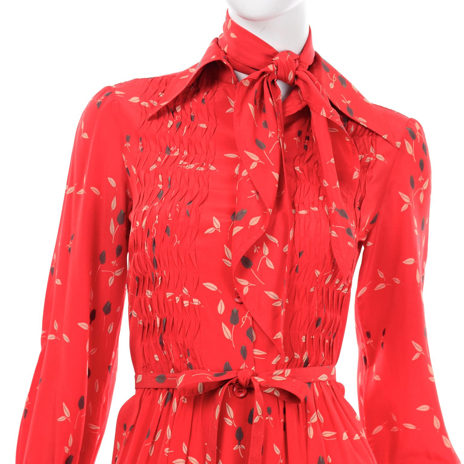 1970s Vintage Red Floral Print Albert Nipon Dress W Belt and Kerchief Scarf 4