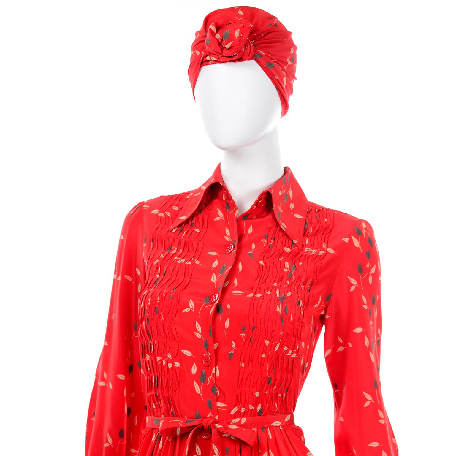 1970s Vintage Red Floral Print Albert Nipon Dress W Belt and Kerchief Scarf 5