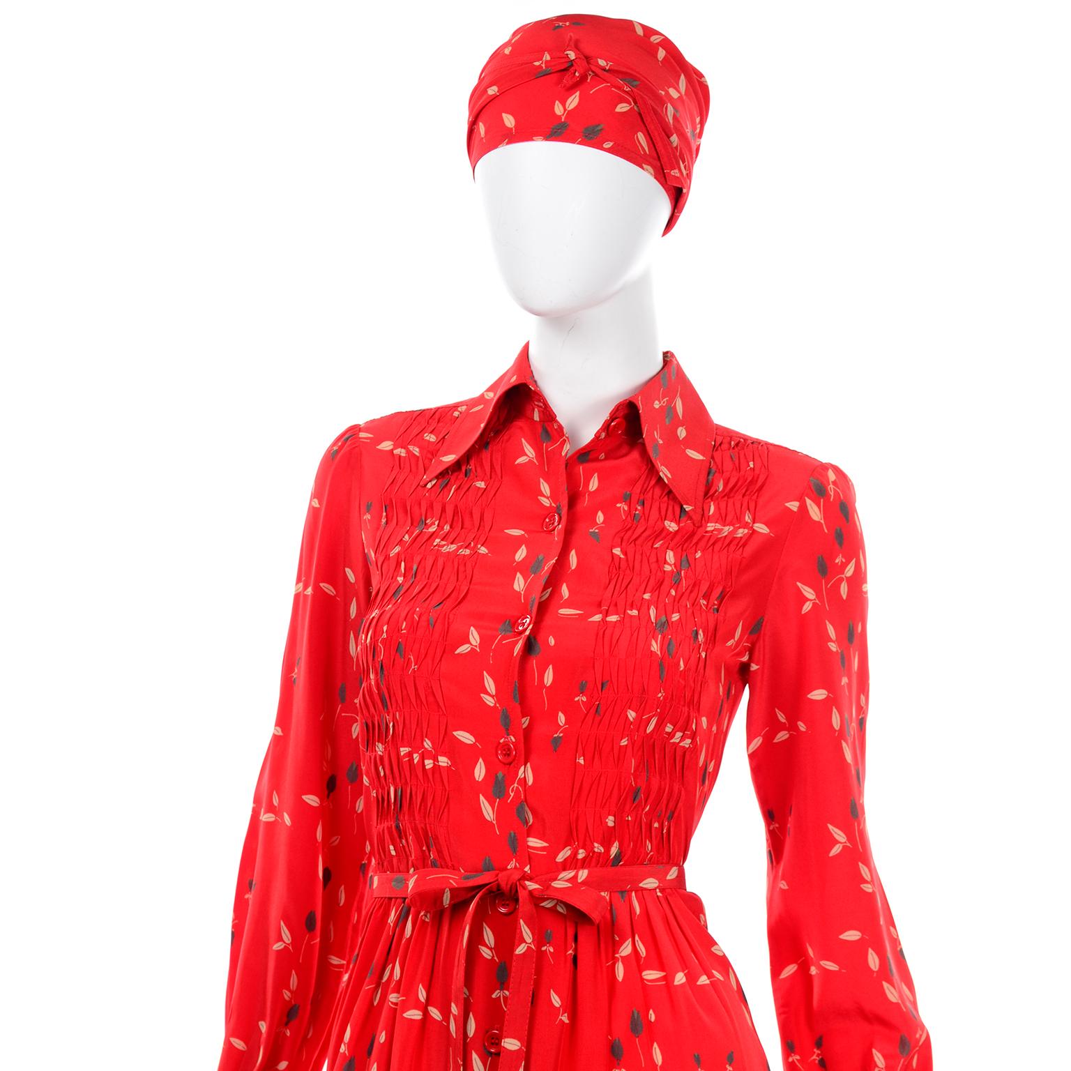 1970s Vintage Red Floral Print Albert Nipon Dress W Belt and Kerchief Scarf 6