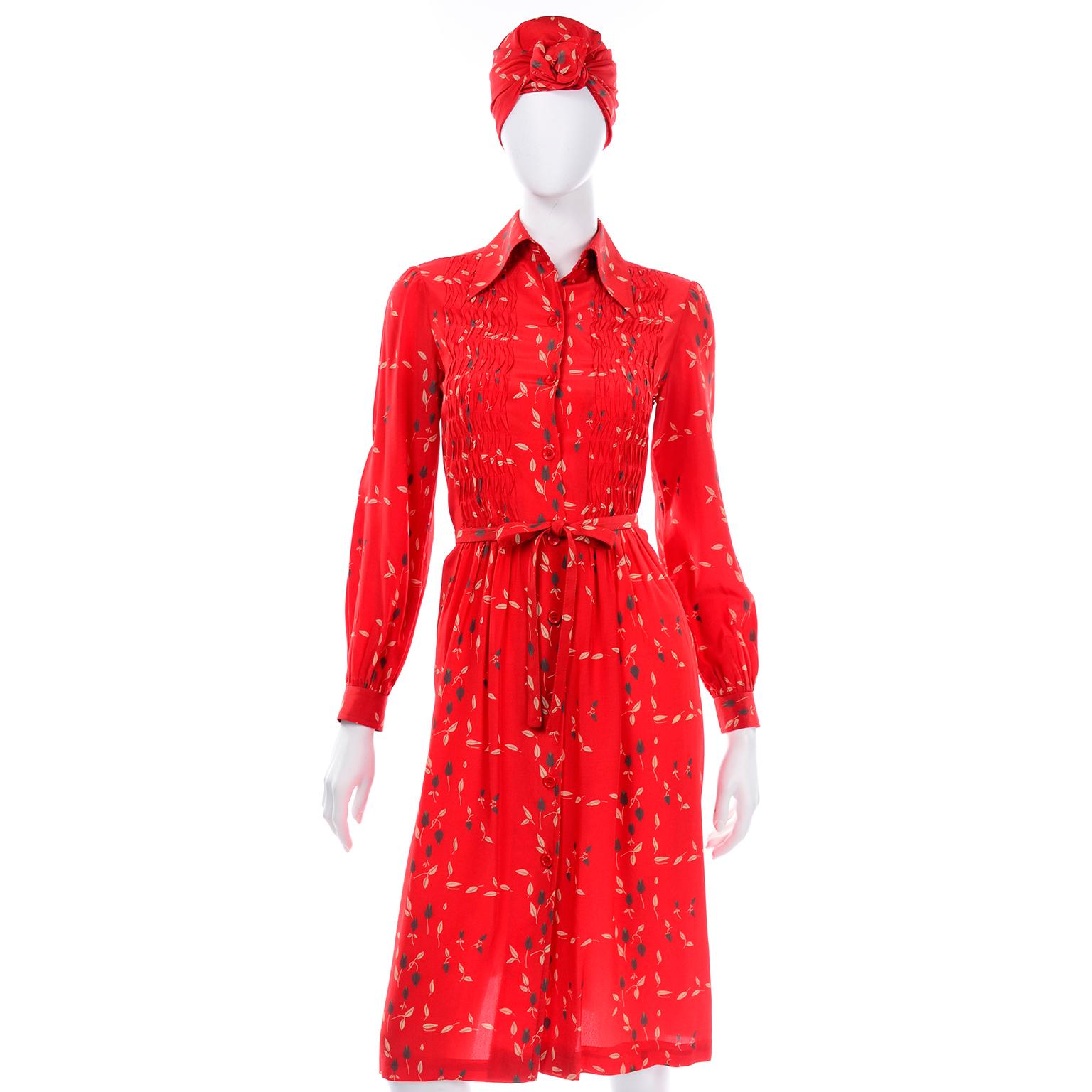 Women's 1970s Vintage Red Floral Print Albert Nipon Dress W Belt and Kerchief Scarf